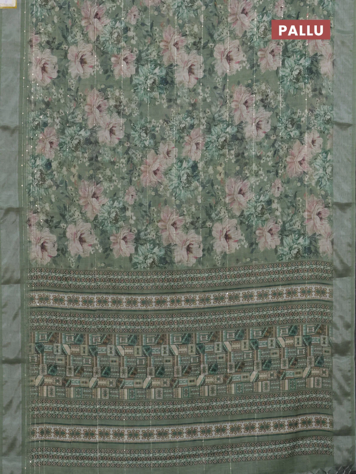 Linen cotton saree sap green with floral prints & sequin work and silver zari woven border - Image 3