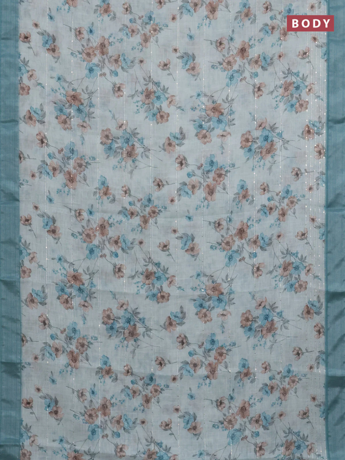 Linen cotton saree teal blue shade with floral prints & sequin work and silver zari woven border - Image 2