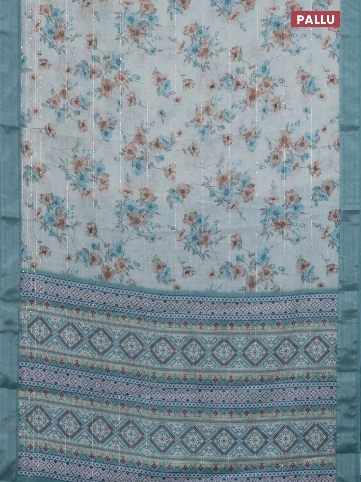Linen cotton saree teal blue shade with floral prints & sequin work and silver zari woven border - Image 3