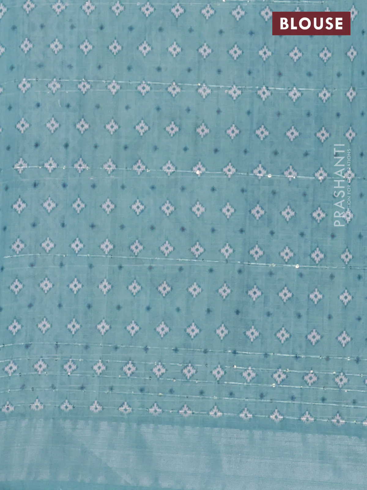 Linen cotton saree teal blue shade with floral prints & sequin work and silver zari woven border - Image 4