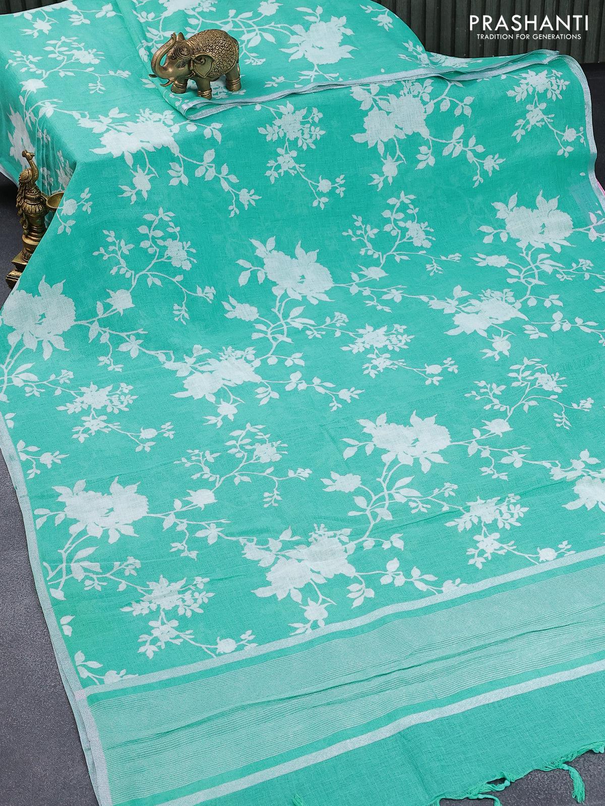 Linen cotton saree teal blue with allover floral prints and small silver zari woven border - Image 5