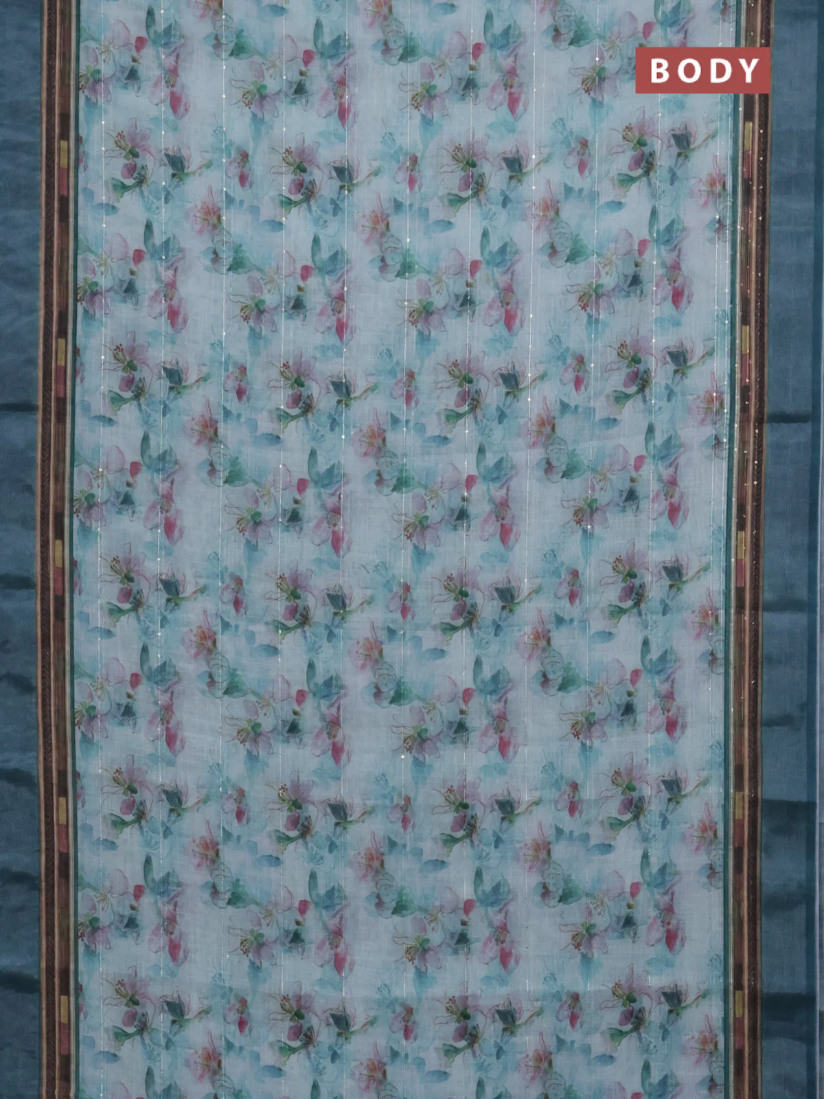 Linen cotton saree teal blue with allover floral prints & sequin work and silver zari woven border - Image 2