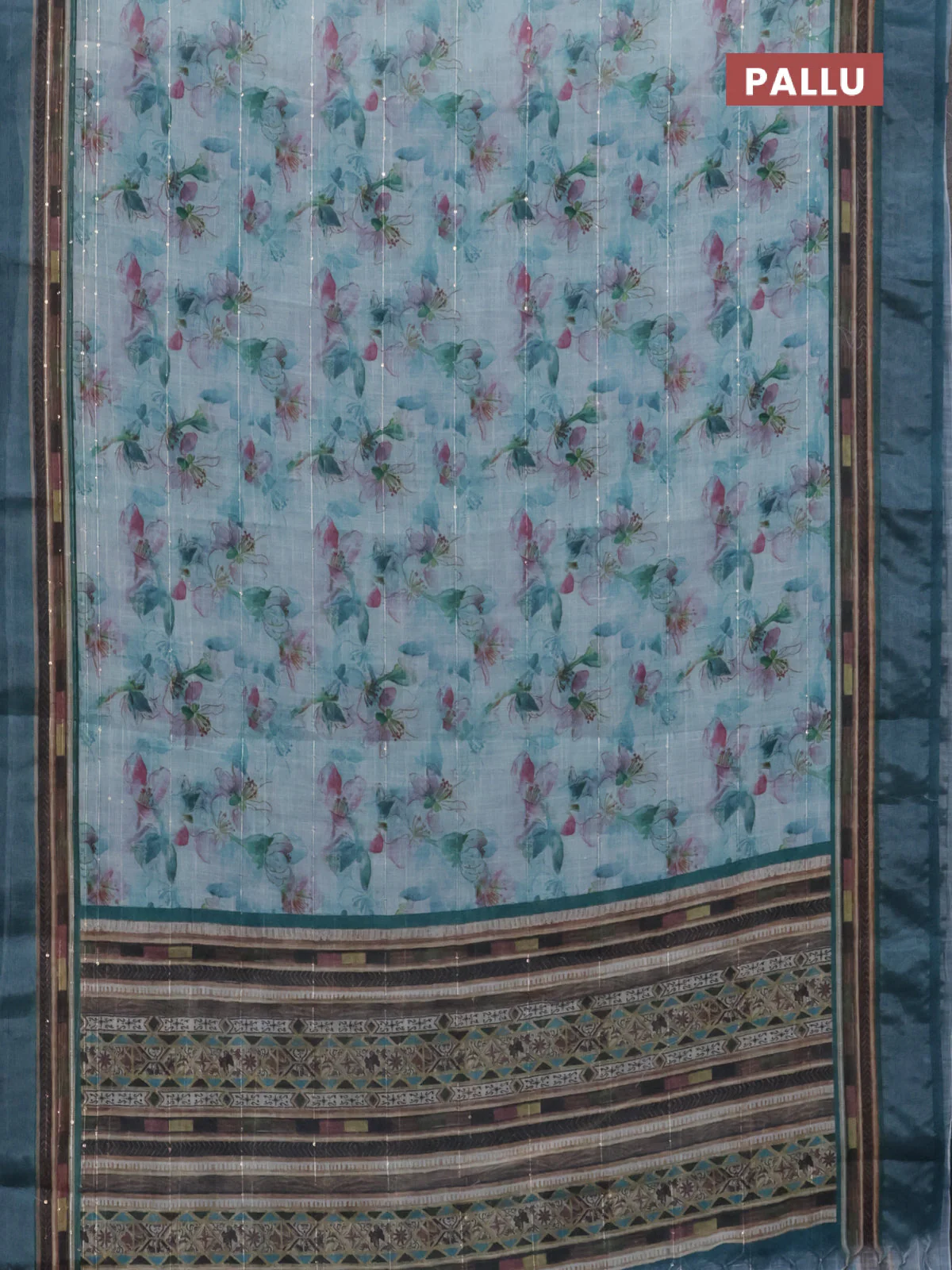 Linen cotton saree teal blue with allover floral prints & sequin work and silver zari woven border - Image 3