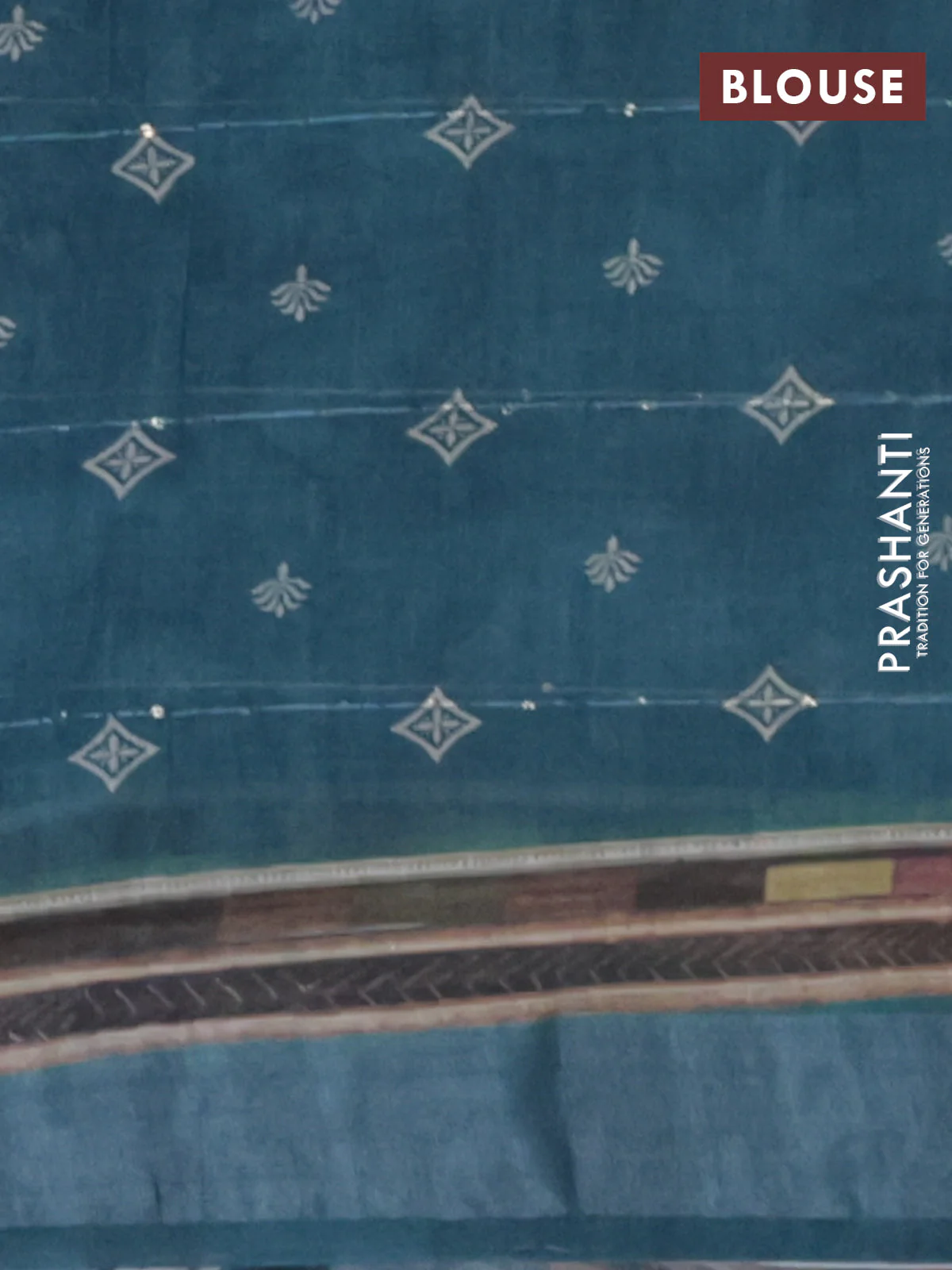 Linen cotton saree teal blue with allover floral prints & sequin work and silver zari woven border - Image 4