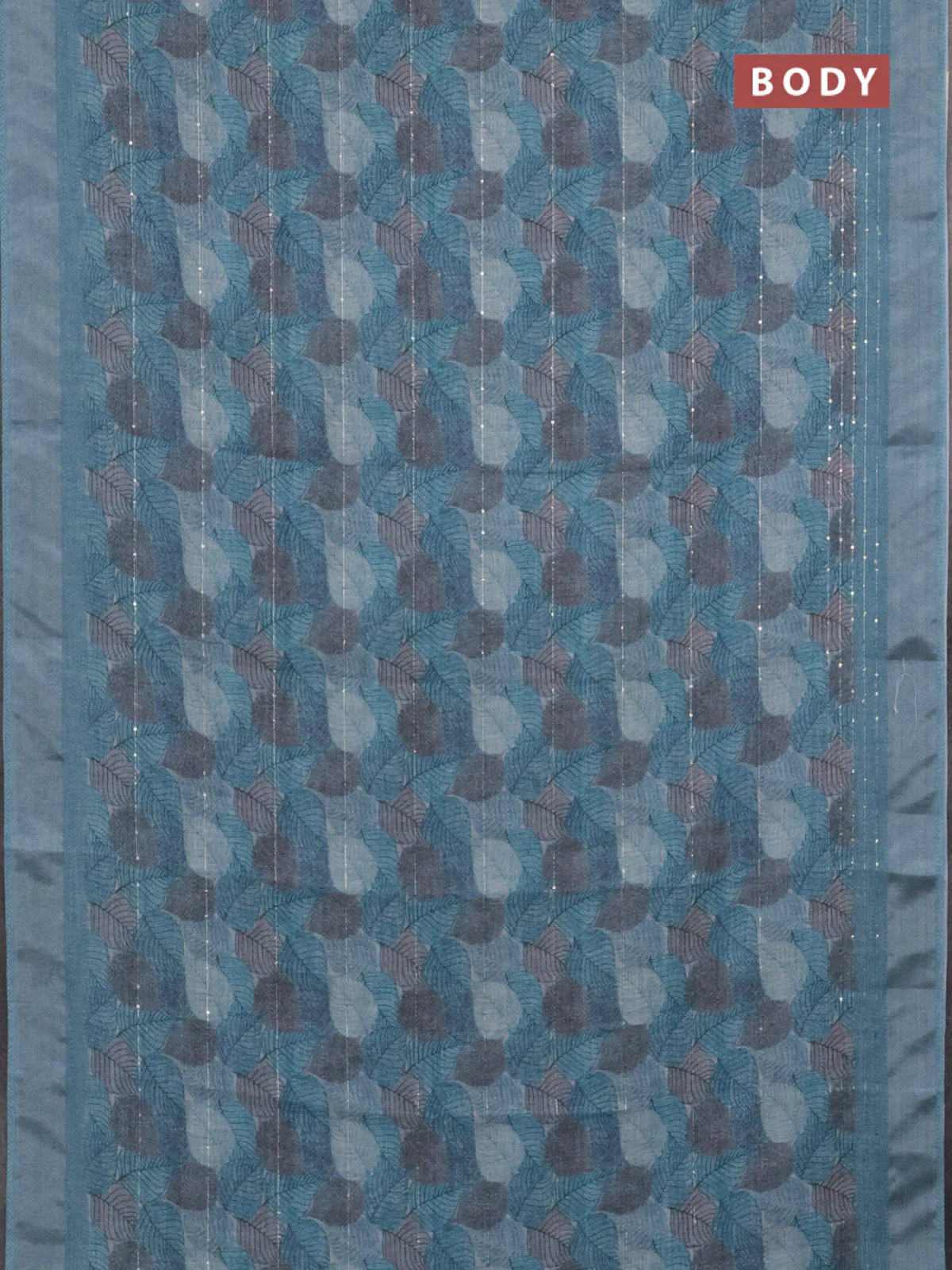 Linen cotton saree teal blue with allover leaf prints & sequin work and silver zari woven border - Image 2