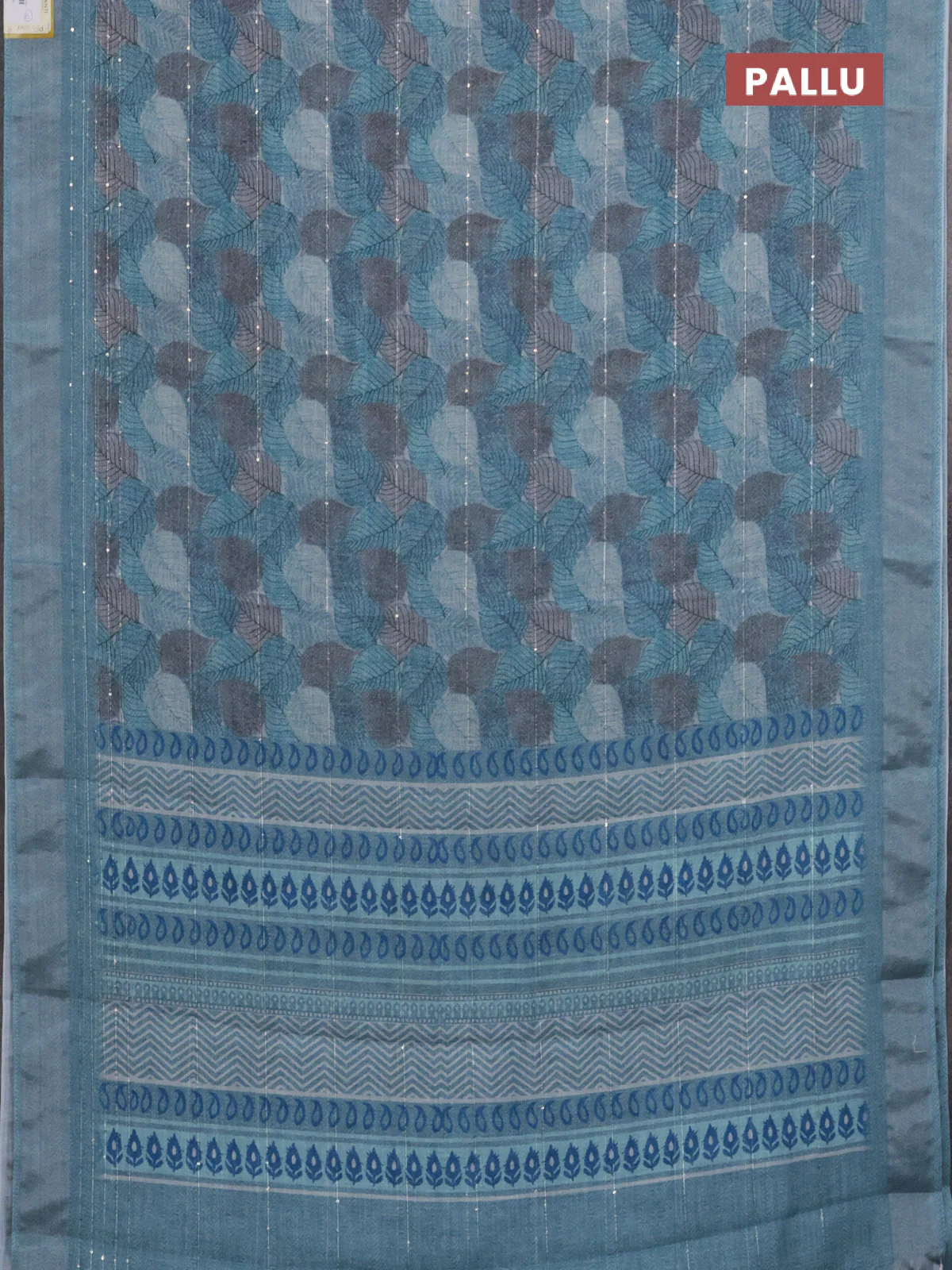 Linen cotton saree teal blue with allover leaf prints & sequin work and silver zari woven border - Image 3
