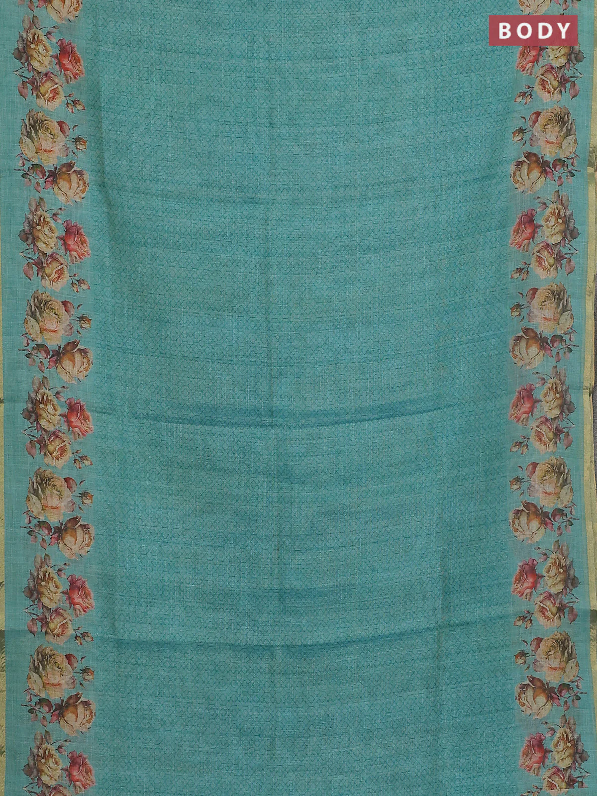 Linen cotton saree teal blue with allover prints and printed border - Image 2