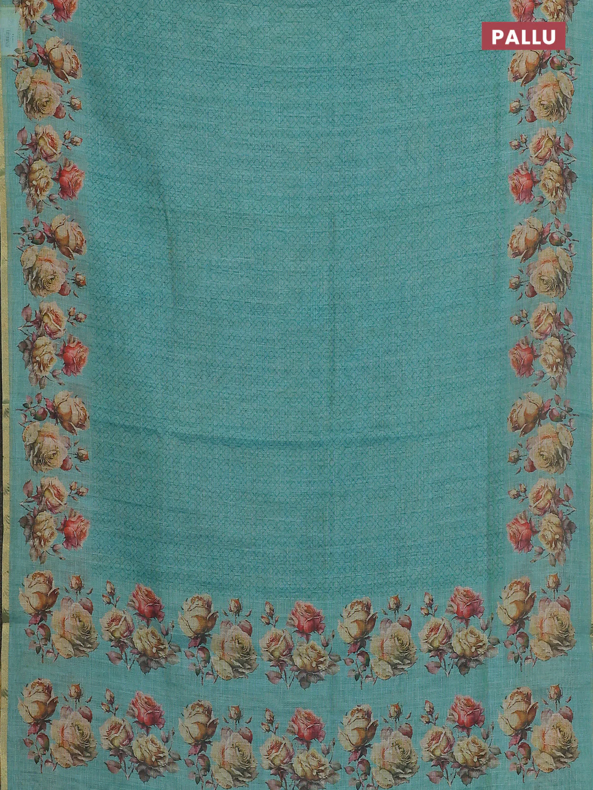 Linen cotton saree teal blue with allover prints and printed border - Image 3