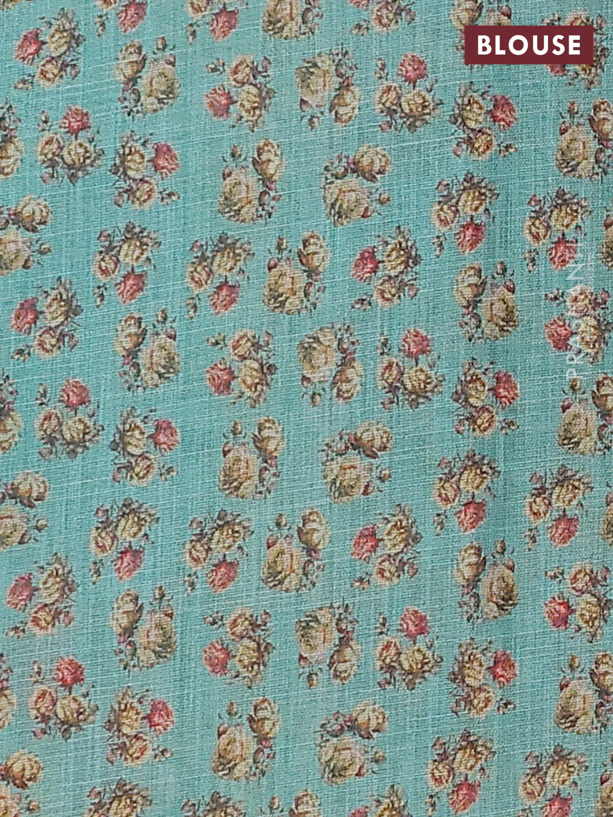 Linen cotton saree teal blue with allover prints and printed border - Image 4