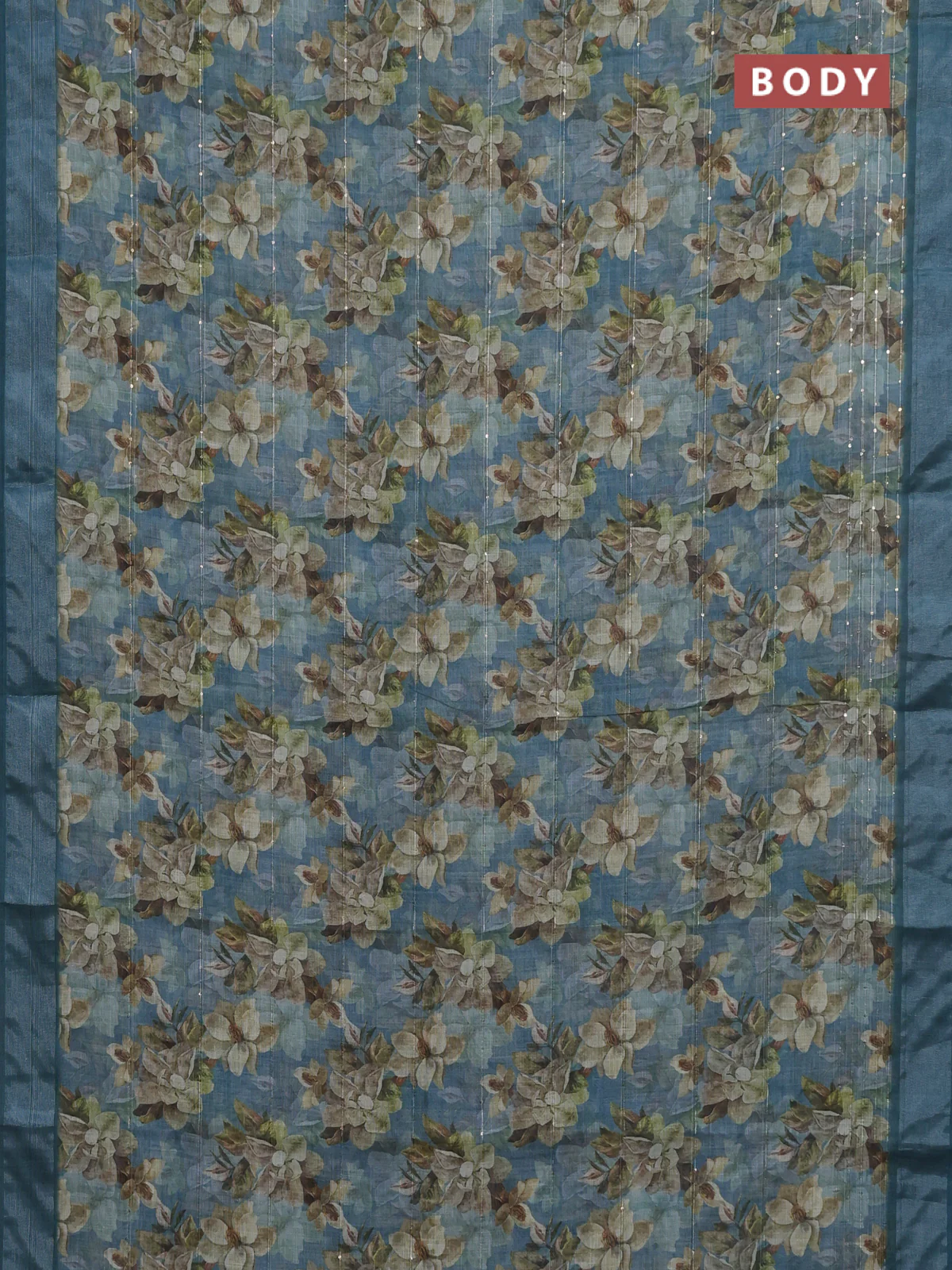 Linen cotton saree teal blue with floral prints & sequin work and silver zari woven border - Image 2