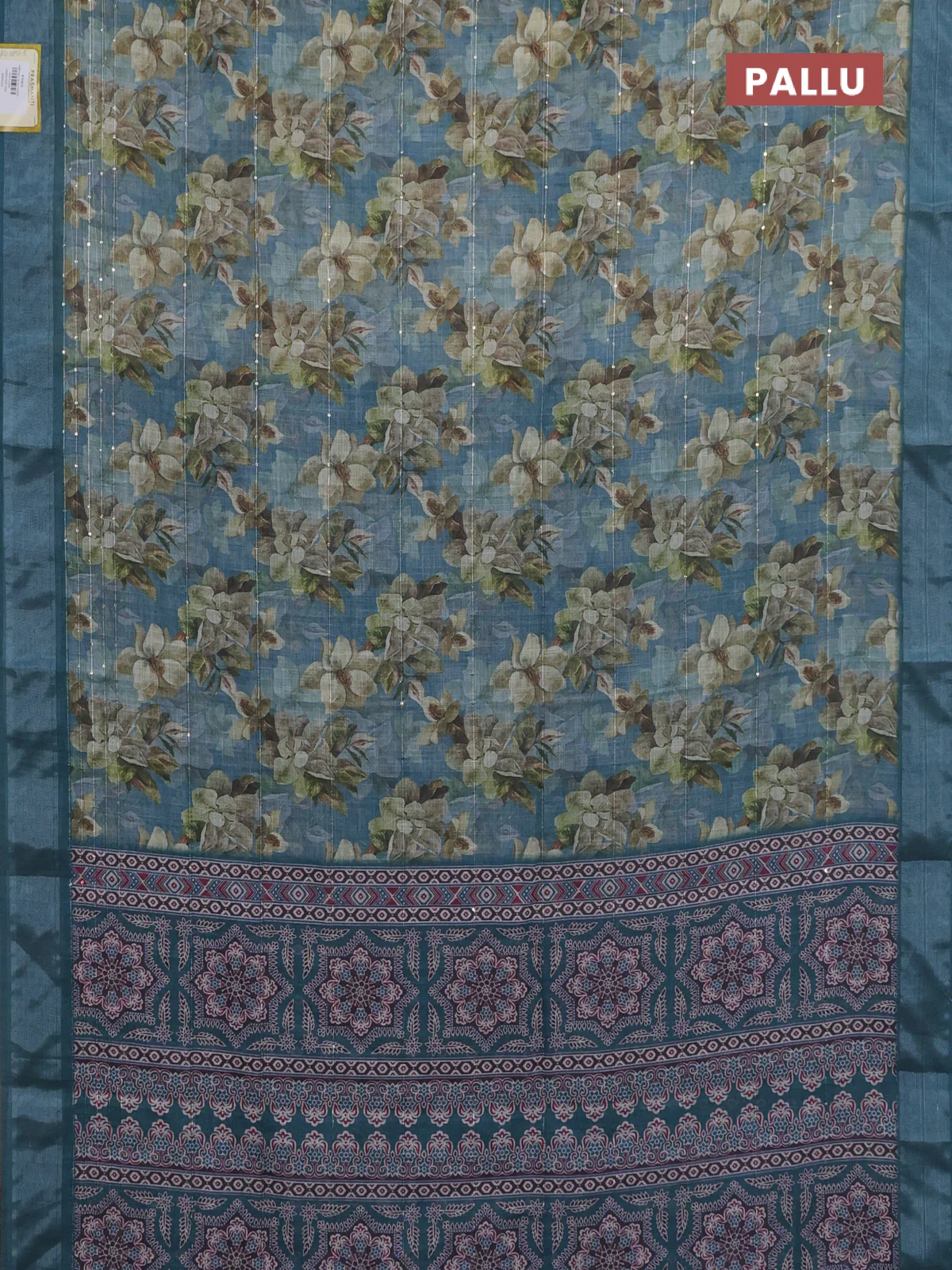 Linen cotton saree teal blue with floral prints & sequin work and silver zari woven border - Image 3