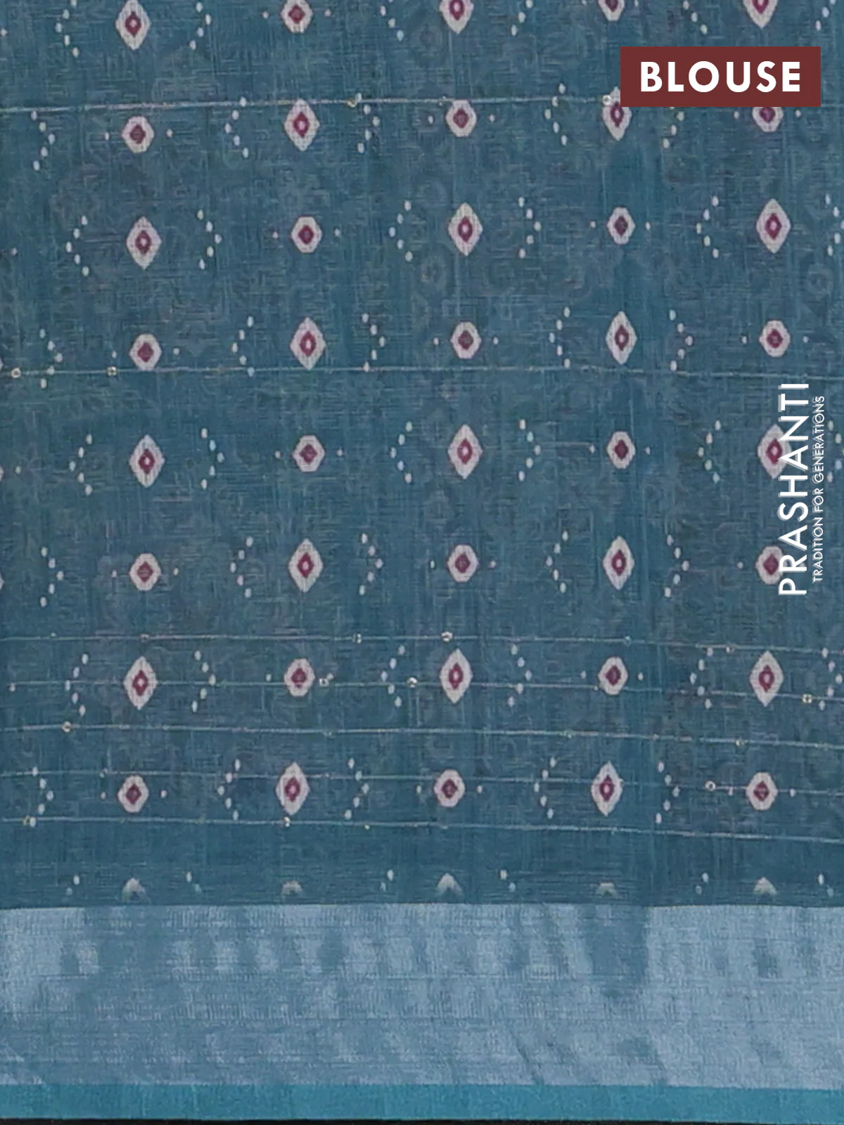 Linen cotton saree teal blue with floral prints & sequin work and silver zari woven border - Image 4