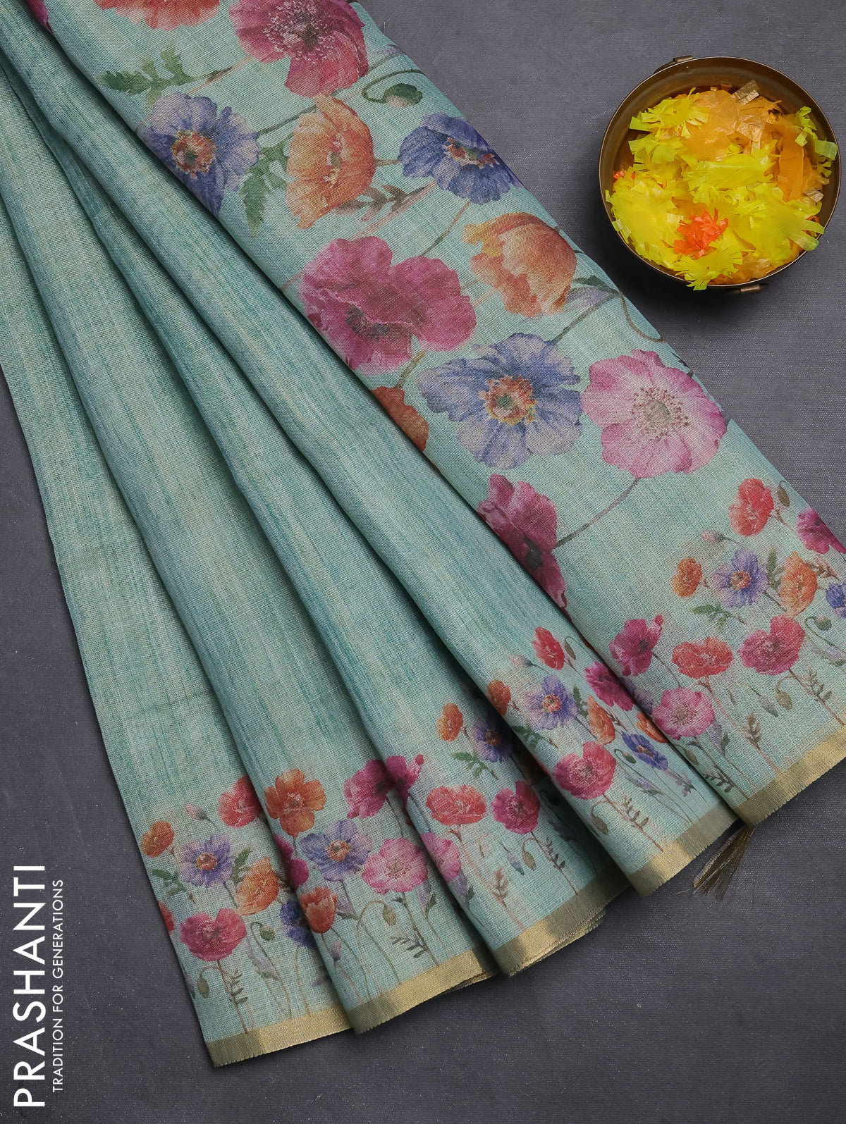 Linen cotton saree teal blue with plain body and digital printed border