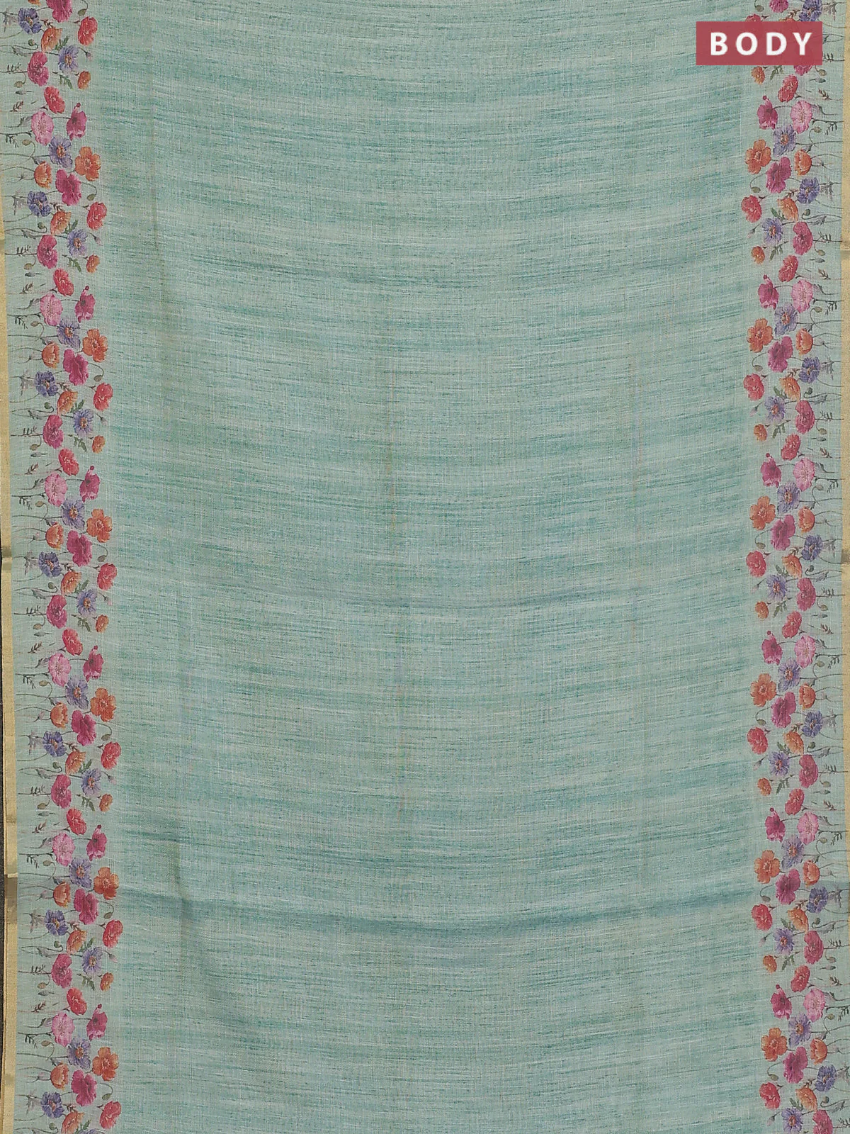 Linen cotton saree teal blue with plain body and digital printed border - Image 2