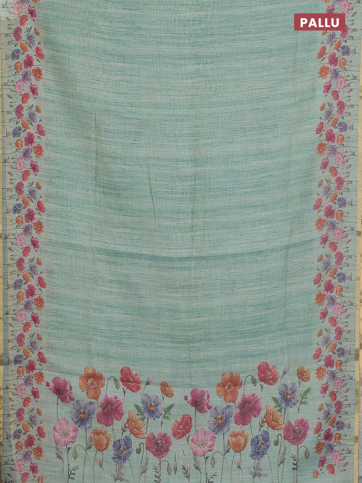 Linen cotton saree teal blue with plain body and digital printed border - Image 3
