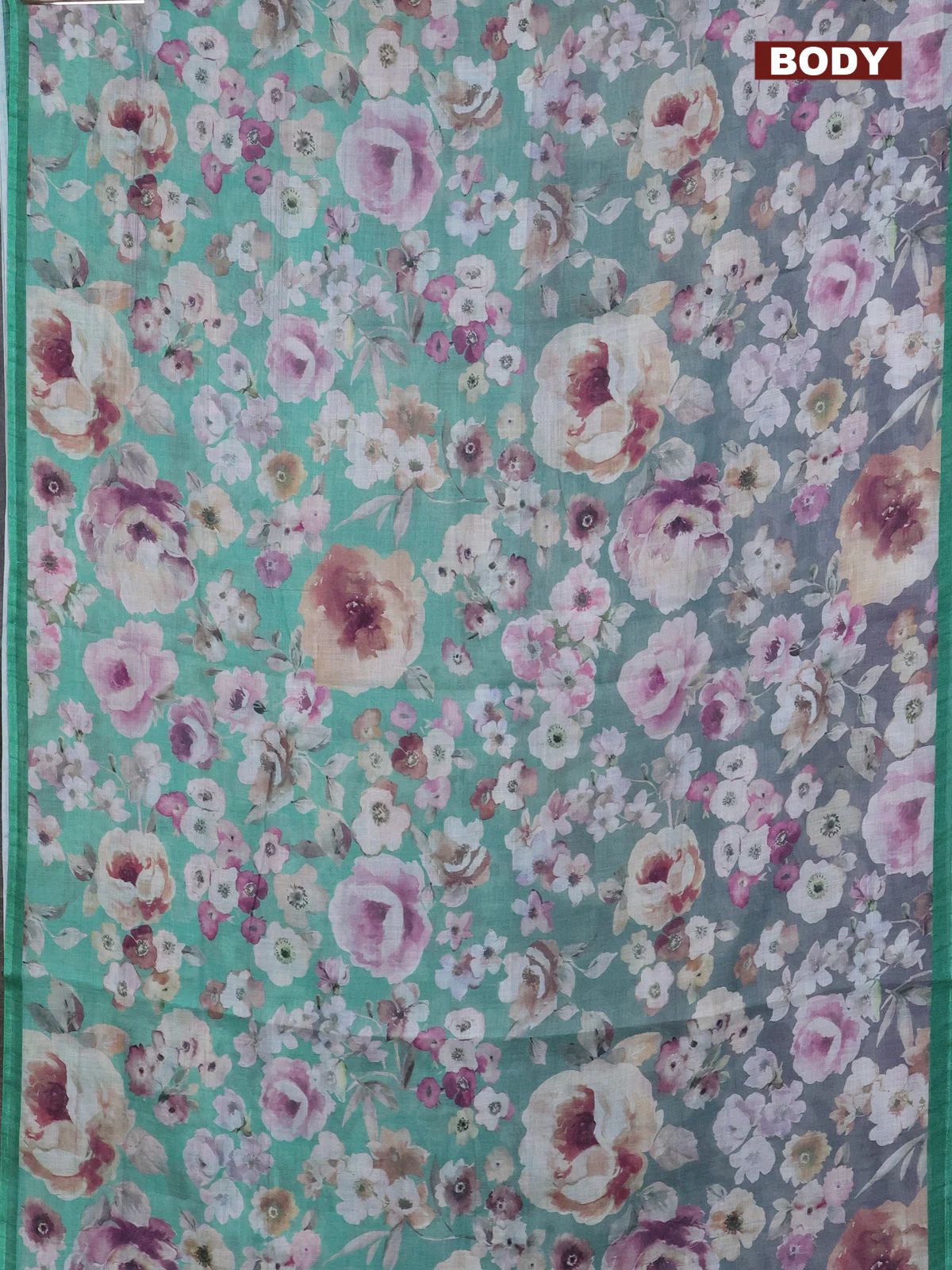 Linen cotton saree teal green shade with allover floral digital prints and simple border - Image 2