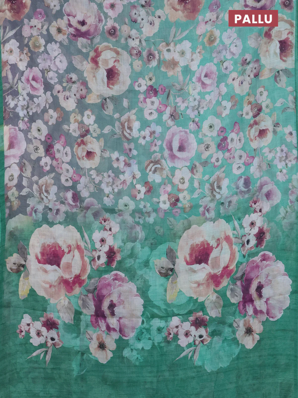 Linen cotton saree teal green shade with allover floral digital prints and simple border - Image 3