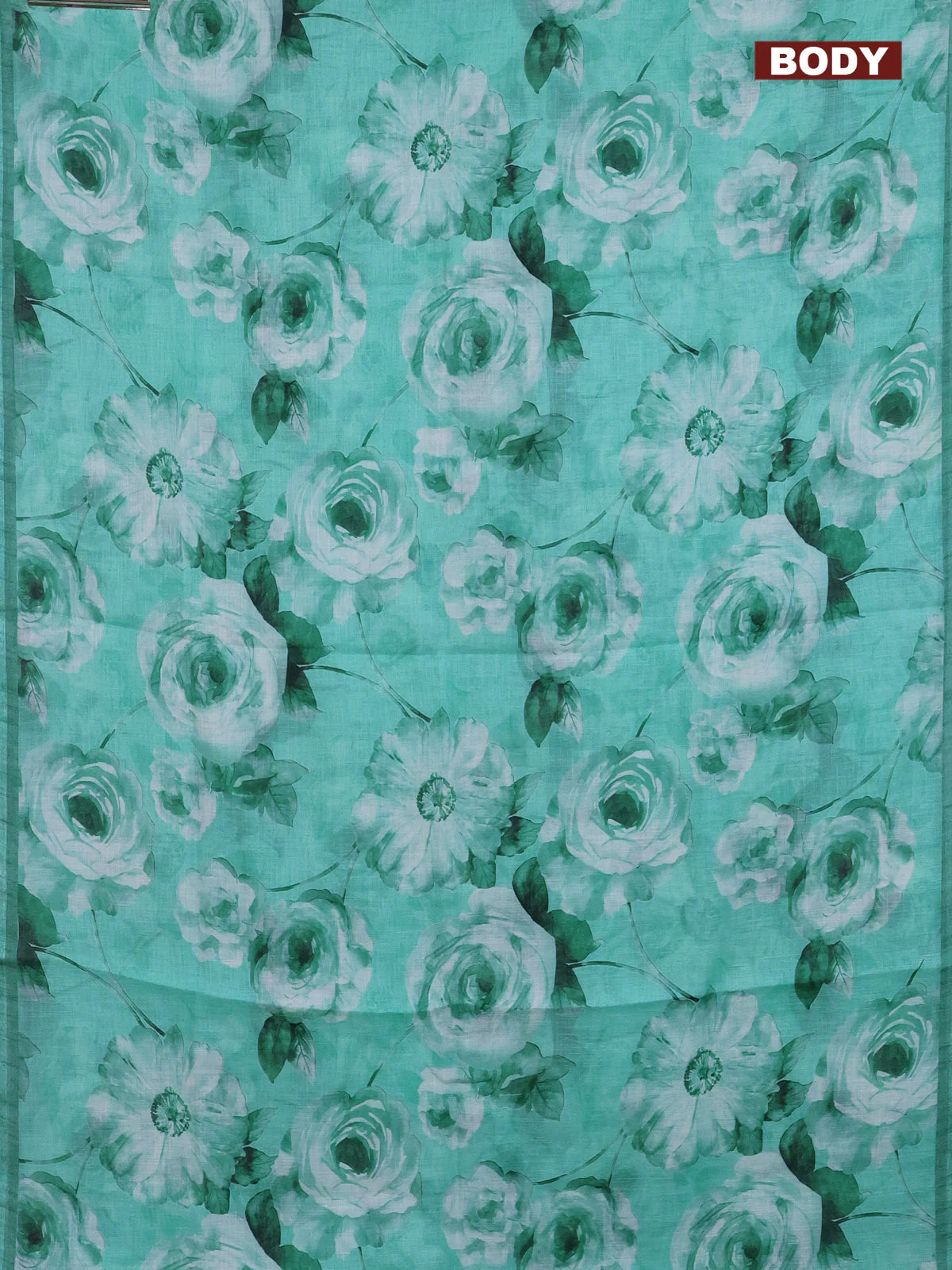 Linen cotton saree teal green with allover floral digital prints and simple border - Image 2