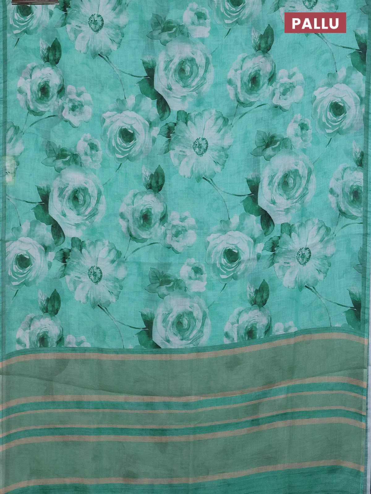 Linen cotton saree teal green with allover floral digital prints and simple border - Image 3