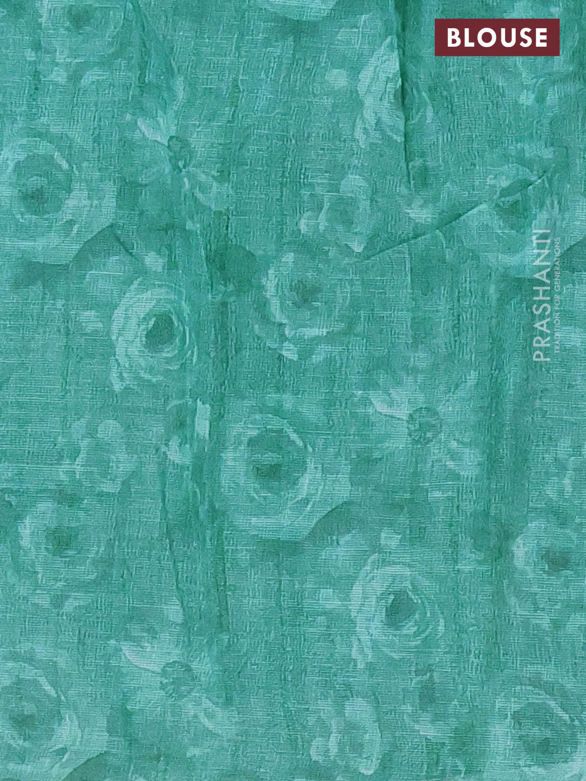 Linen cotton saree teal green with allover floral digital prints and simple border - Image 4