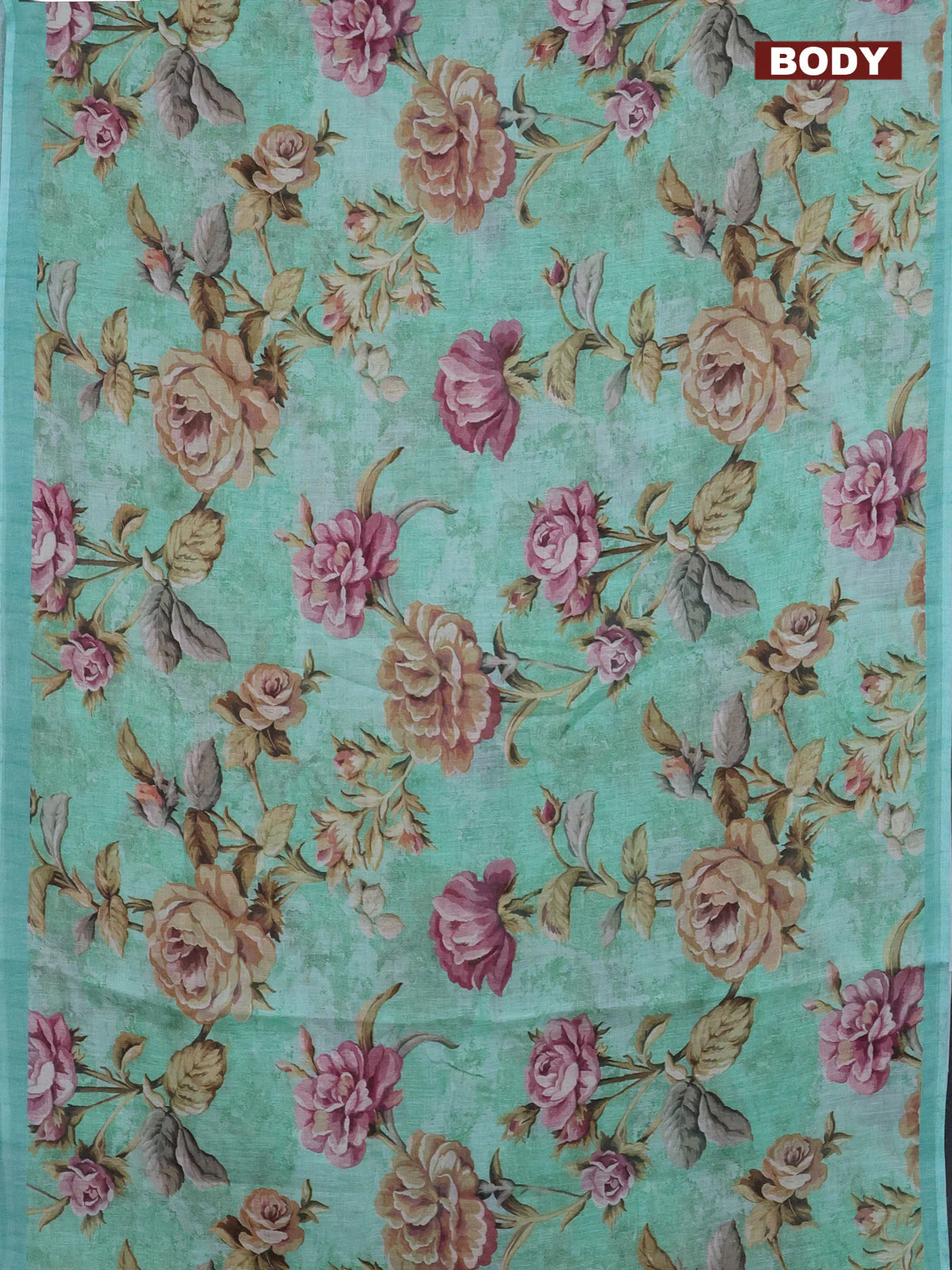Linen cotton saree teal green with allover floral digital prints and simple border - Image 2