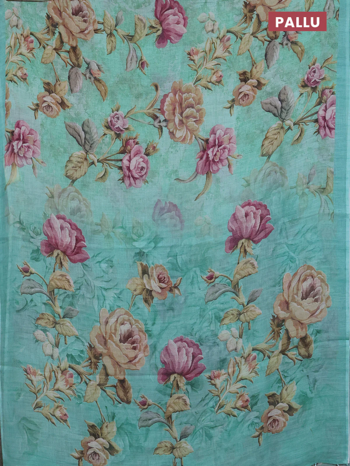 Linen cotton saree teal green with allover floral digital prints and simple border - Image 3