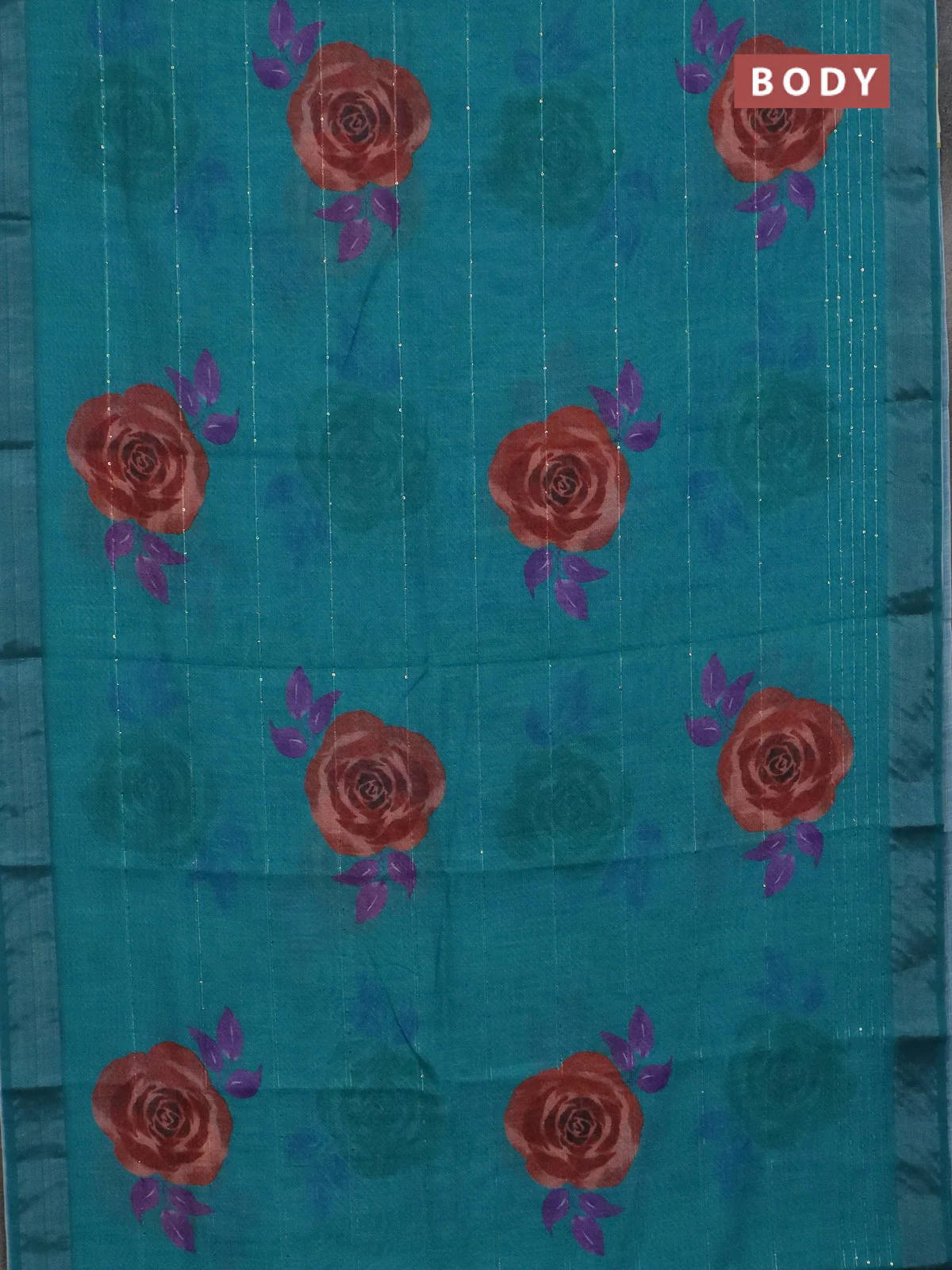 Linen cotton saree teal green with allover floral prints & sequin work and silver zari woven border - Image 2