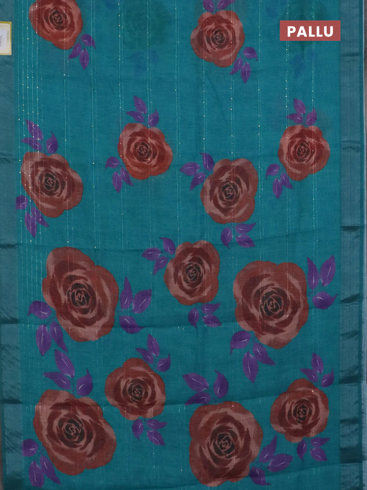 Linen cotton saree teal green with allover floral prints & sequin work and silver zari woven border - Image 3