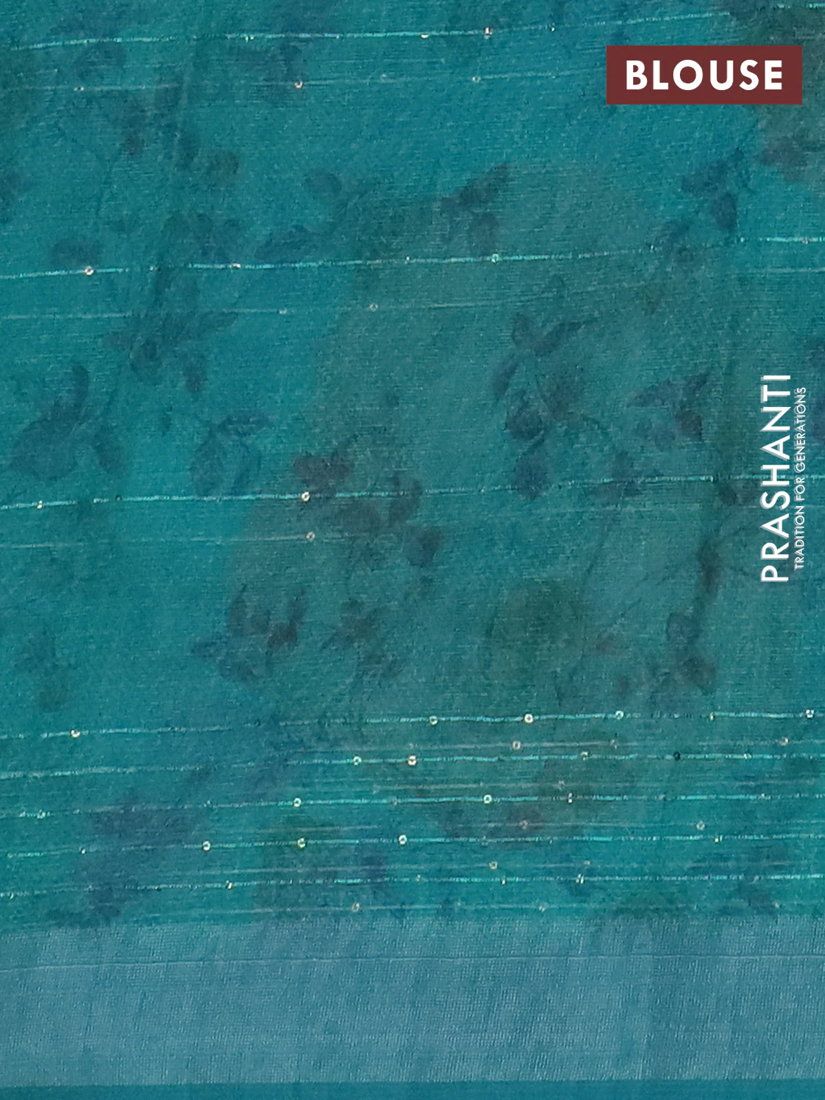 Linen cotton saree teal green with allover floral prints & sequin work and silver zari woven border - Image 4