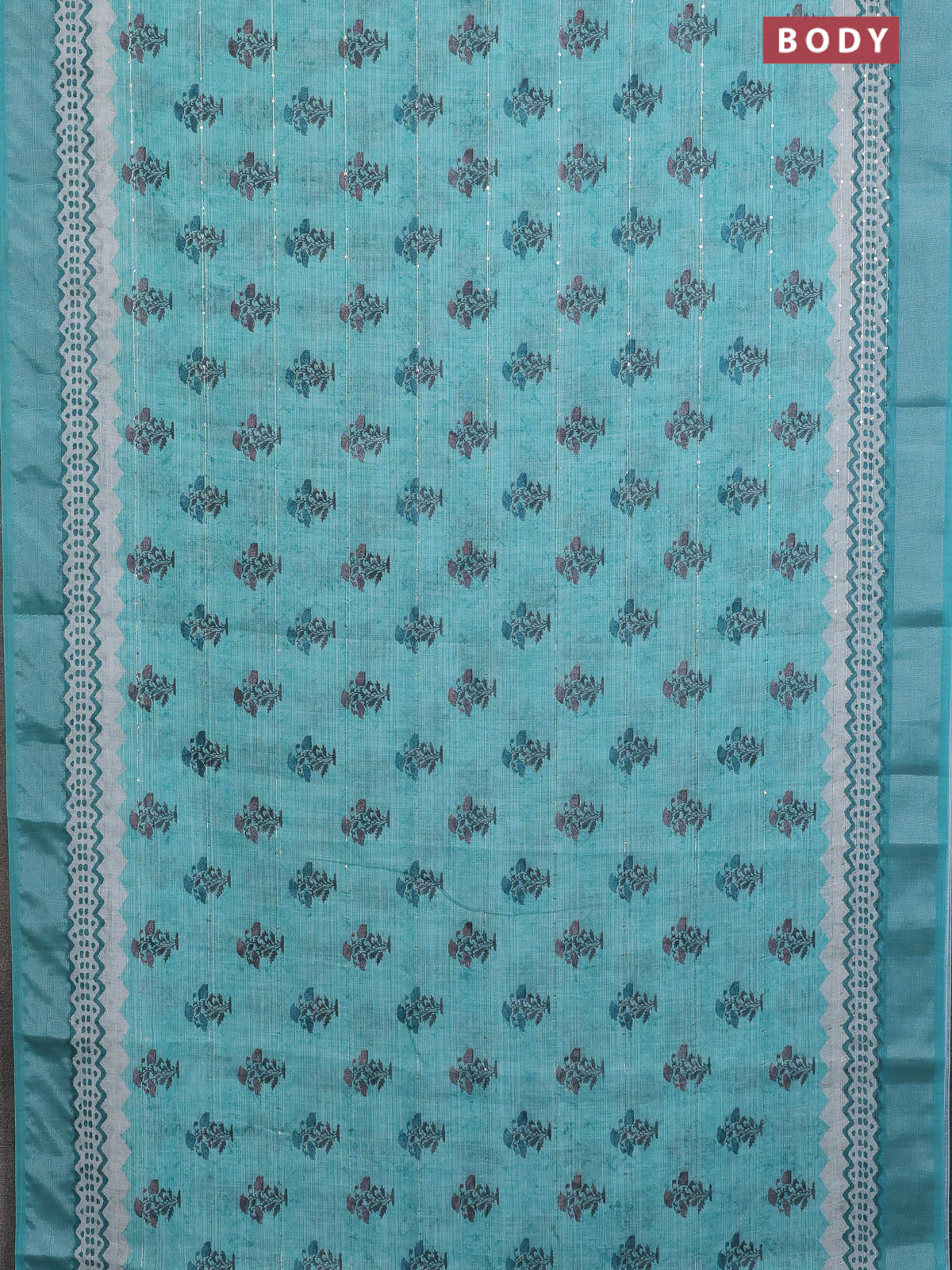 Linen cotton saree teal shade with floral butta prints & sequin work and silver zari woven border - Image 2