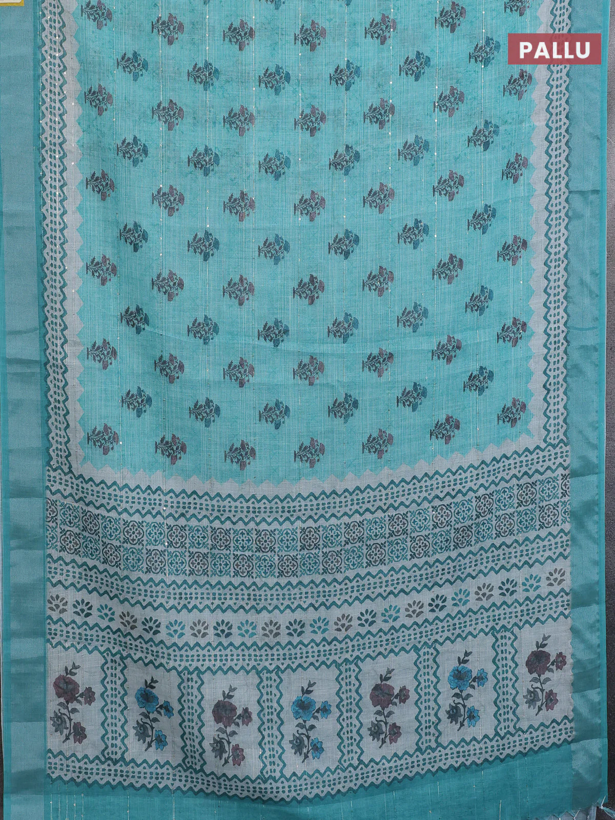 Linen cotton saree teal shade with floral butta prints & sequin work and silver zari woven border - Image 3