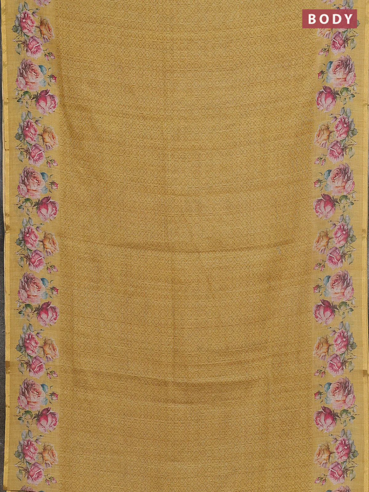 Linen cotton saree yellow with allover prints and printed border - Image 2
