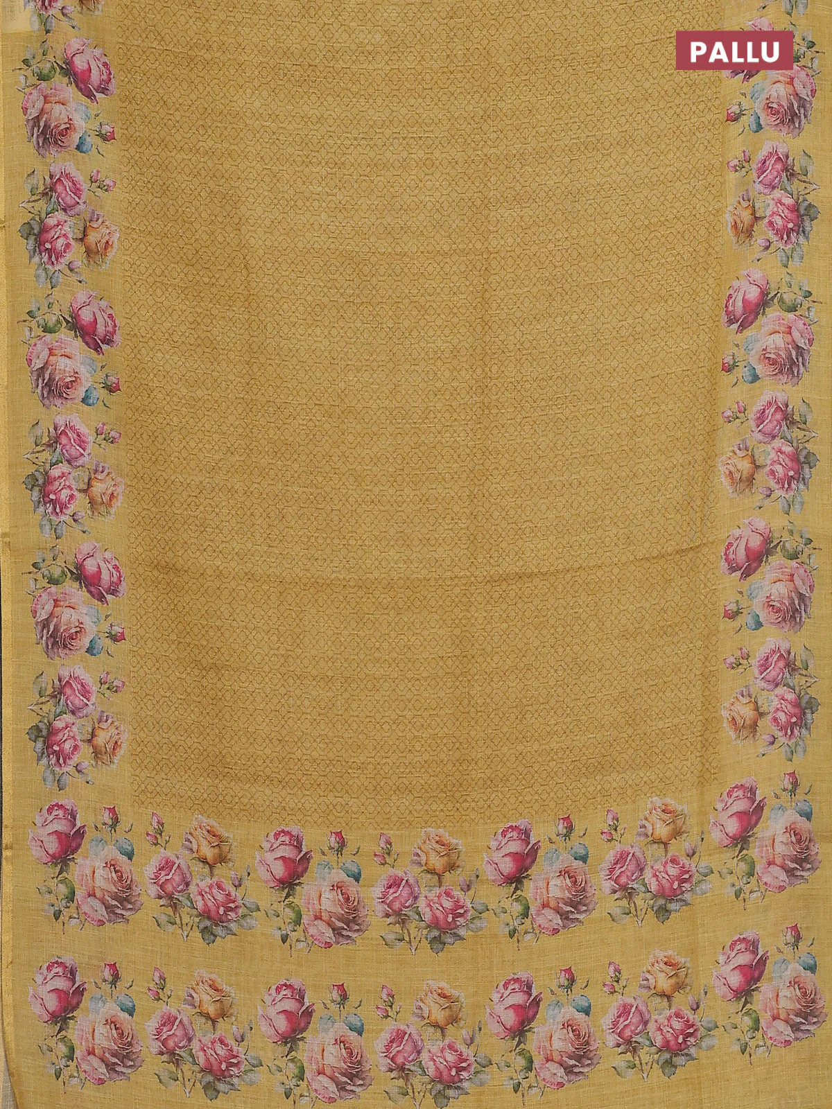 Linen cotton saree yellow with allover prints and printed border - Image 3