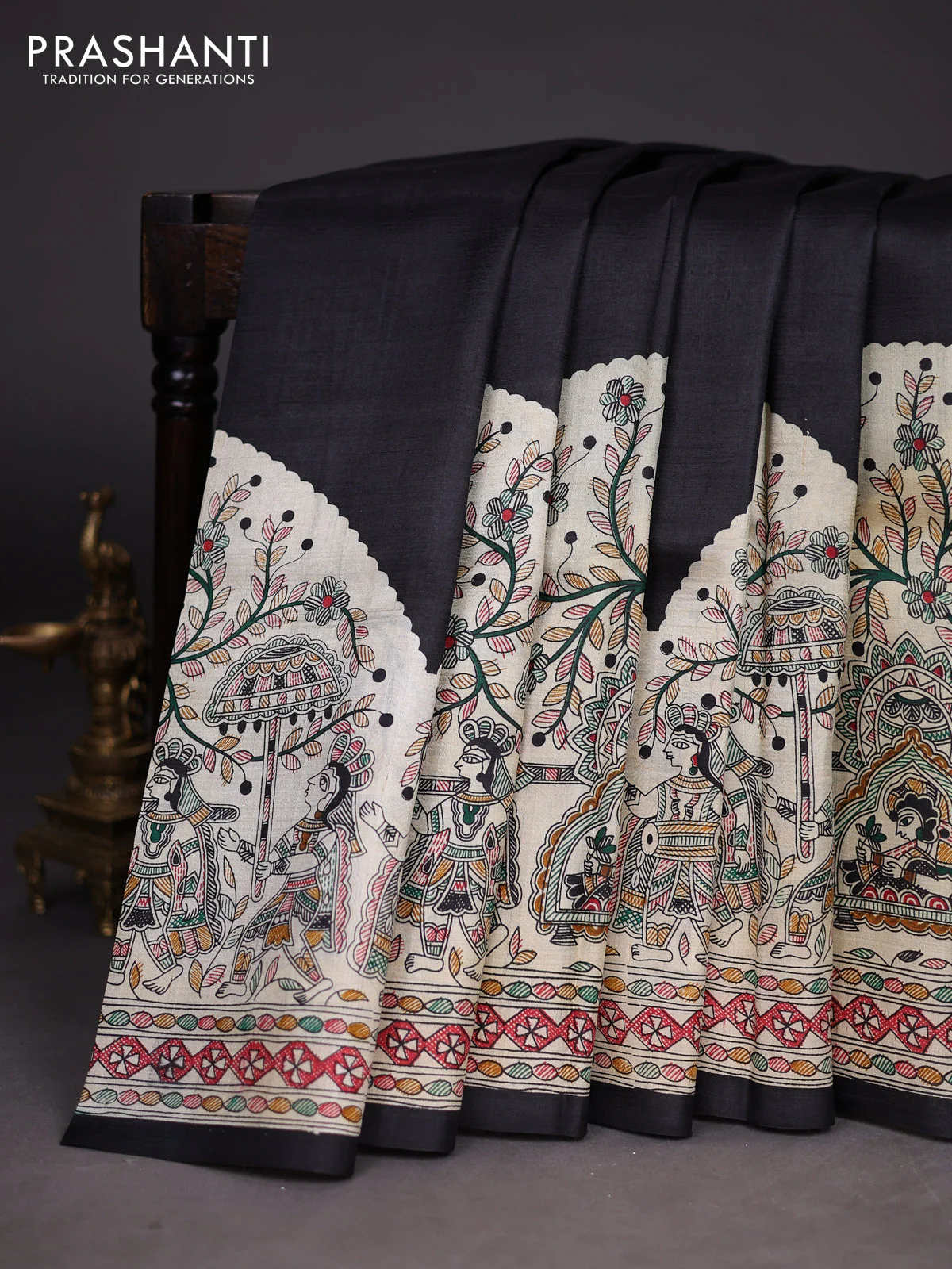 Madhubani printed silk saree black and beige with plain body and long madhubani printed border
