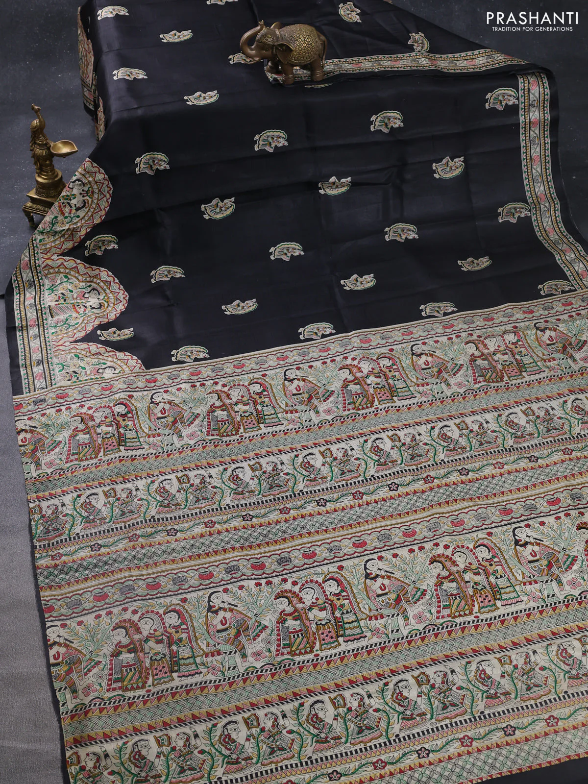 Madhubani printed silk saree black and cream with butta prints and madhubani printed border - Image 2