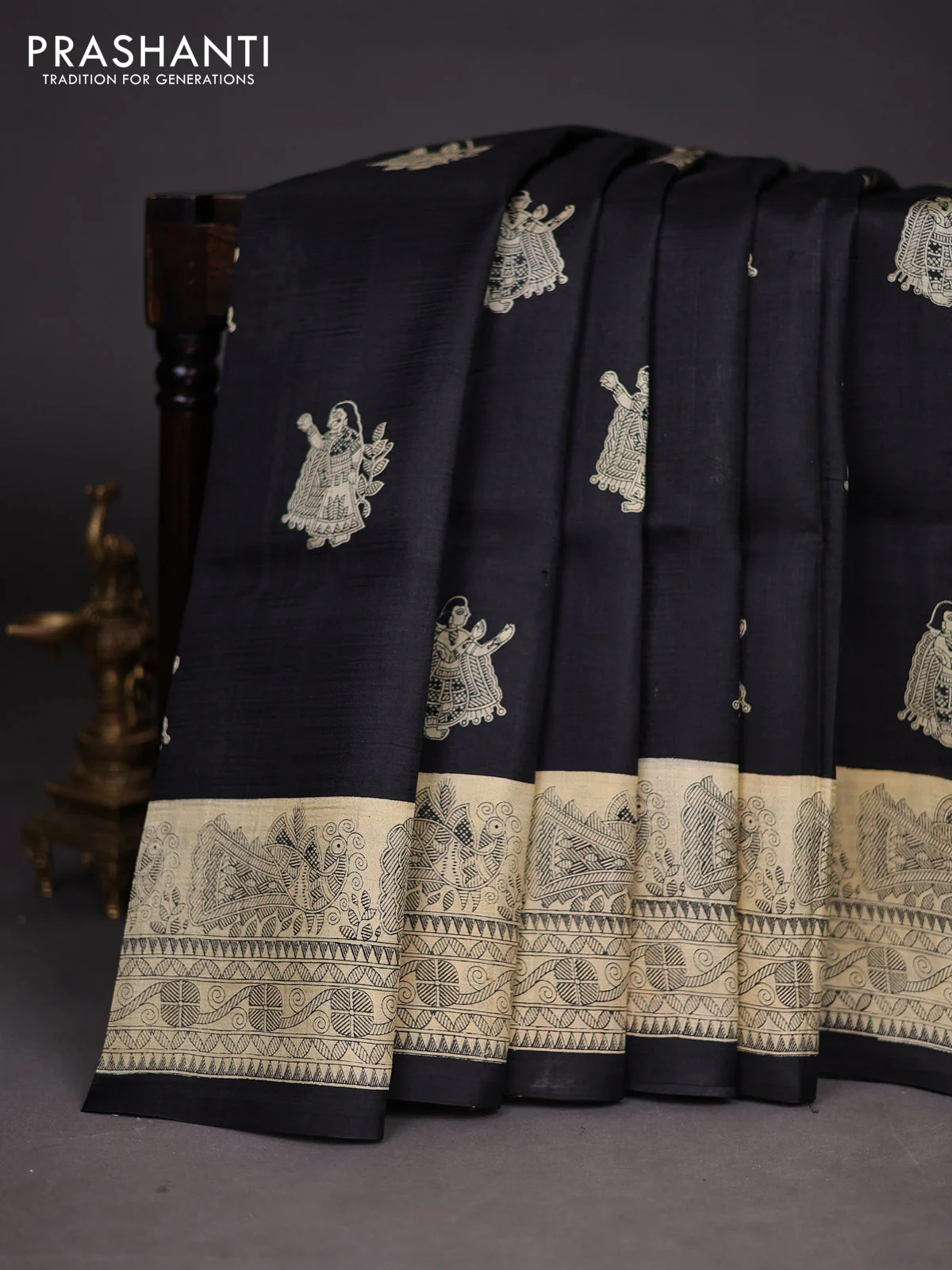 Madhubani printed silk saree black and cream with butta prints and madhubani printed border