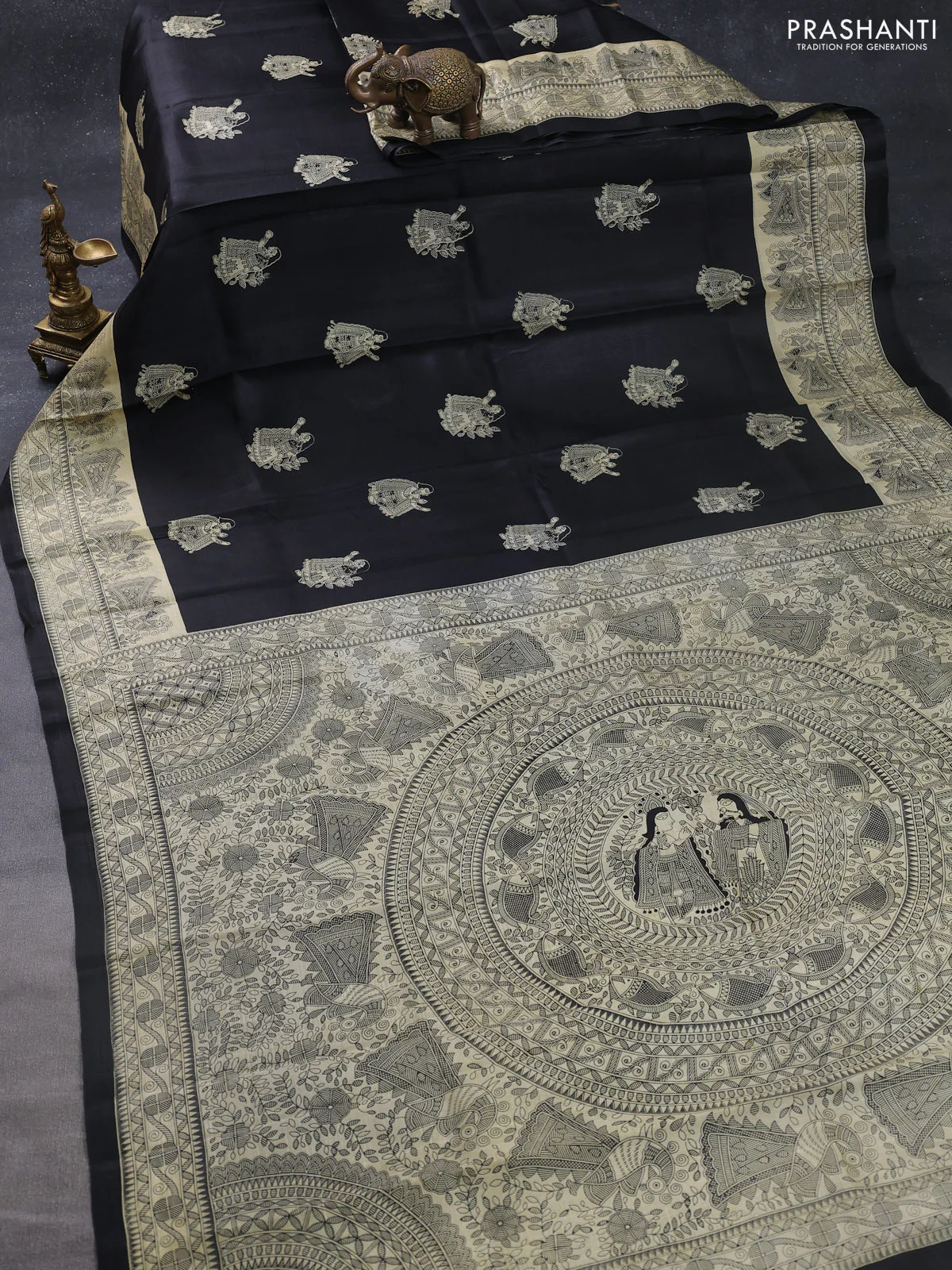 Madhubani printed silk saree black and cream with butta prints and madhubani printed border - Image 2