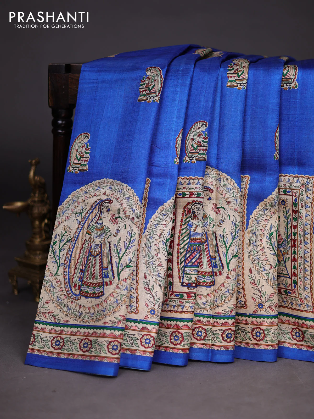 Madhubani printed silk saree blue and cream with butta prints and madhubani printed border