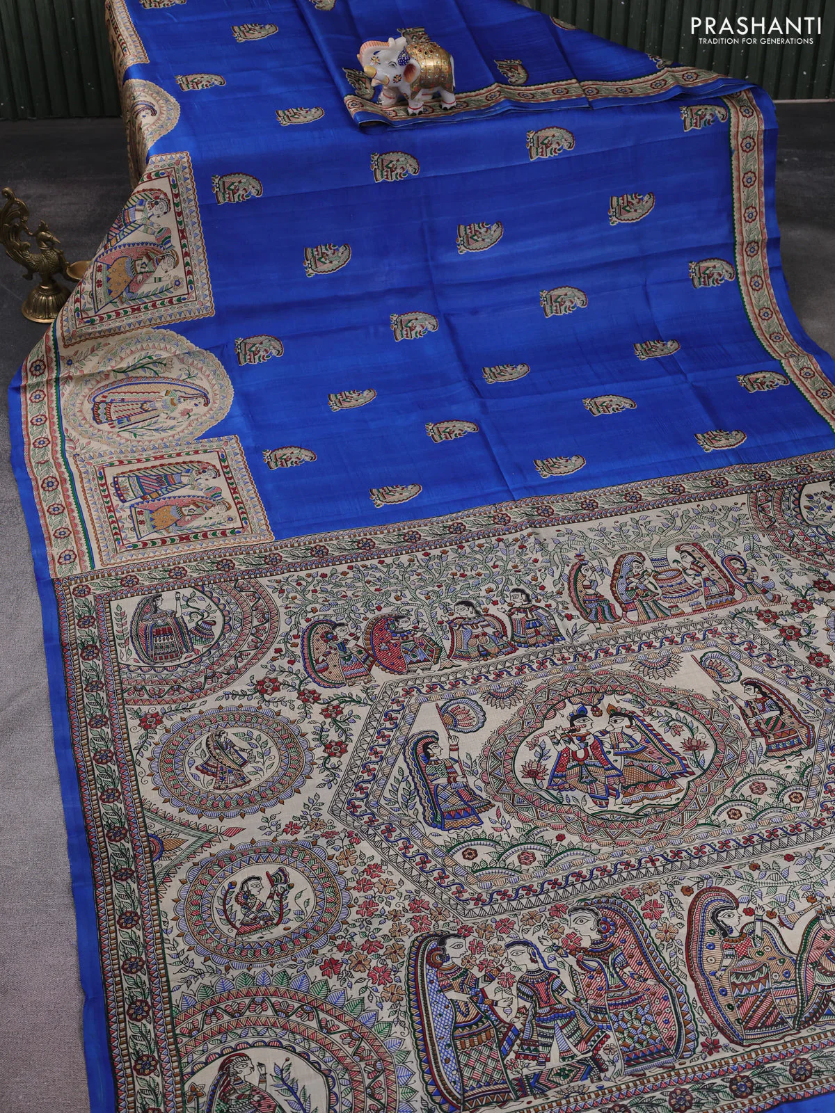 Madhubani printed silk saree blue and cream with butta prints and madhubani printed border - Image 2