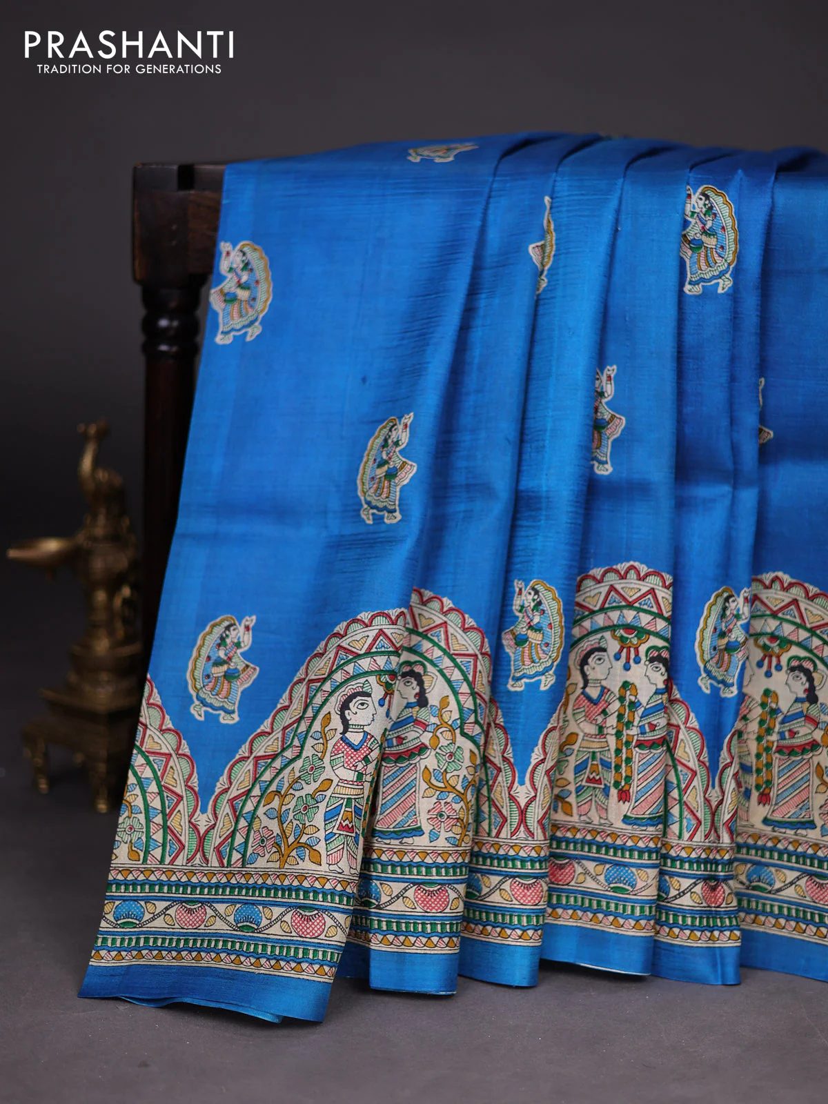 Madhubani printed silk saree cs blue and cream with butta prints and madhubani printed border