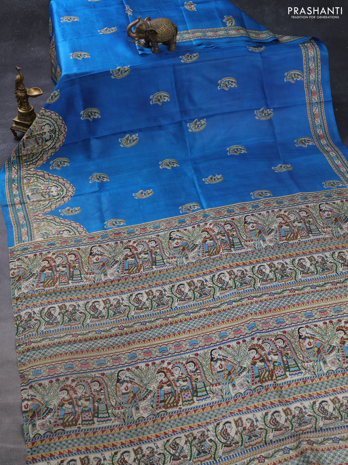 Madhubani printed silk saree cs blue and cream with butta prints and madhubani printed border - Image 2
