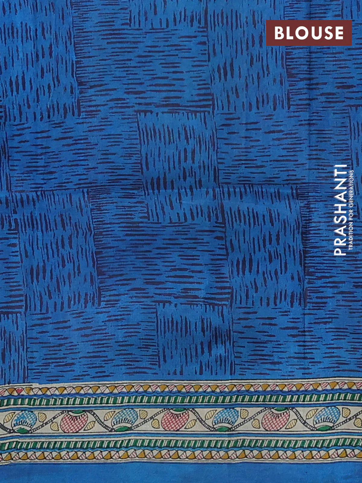Madhubani printed silk saree cs blue and cream with butta prints and madhubani printed border - Image 3