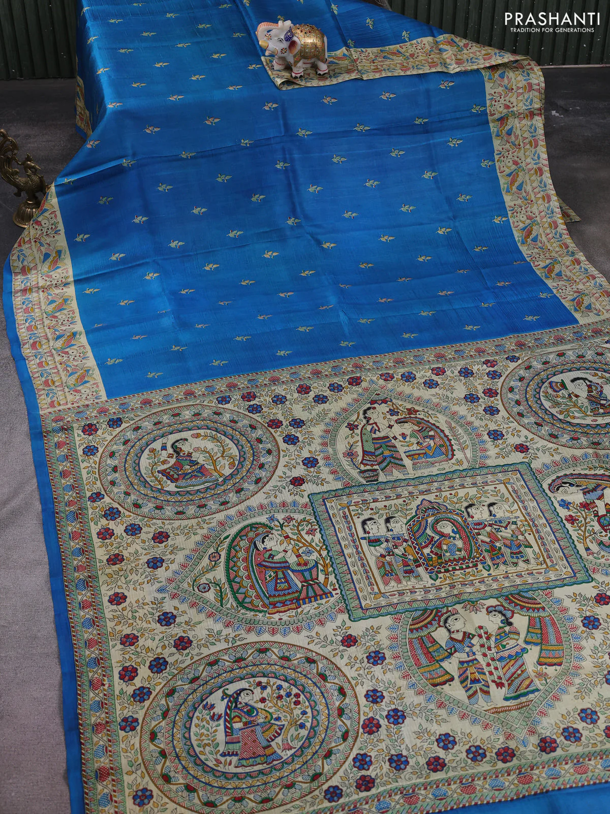 Madhubani printed silk saree cs blue and cream with butta prints and madhubani printed border - Image 2