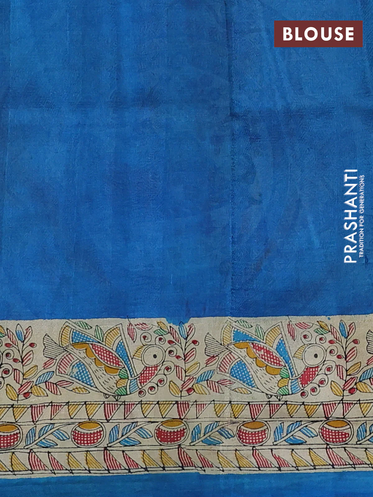 Madhubani printed silk saree cs blue and cream with butta prints and madhubani printed border - Image 3