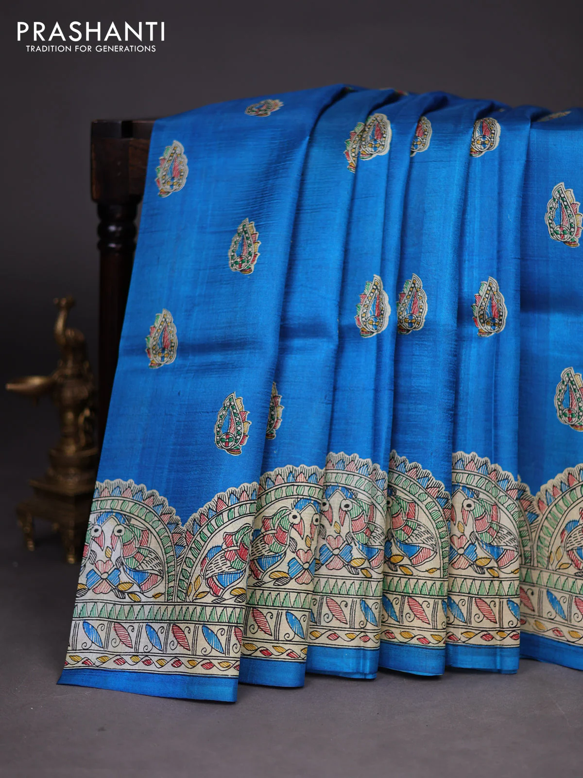 Madhubani printed silk saree cs blue with butta prints and madhubani printed border