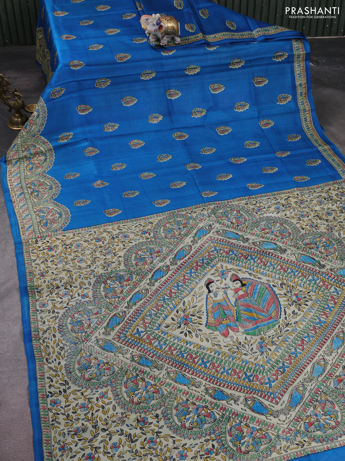 Madhubani printed silk saree cs blue with butta prints and madhubani printed border - Image 2