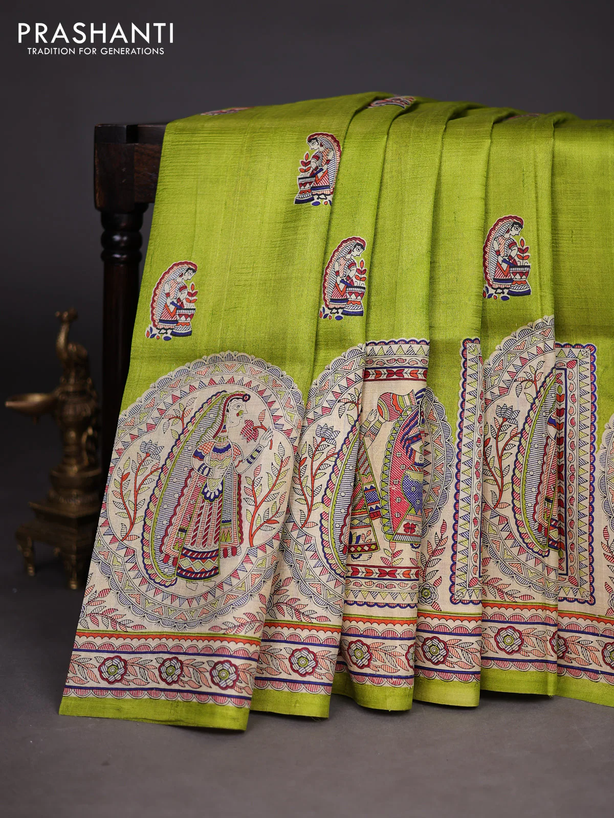 Madhubani printed silk saree light green and cream with butta prints and madhubani printed border