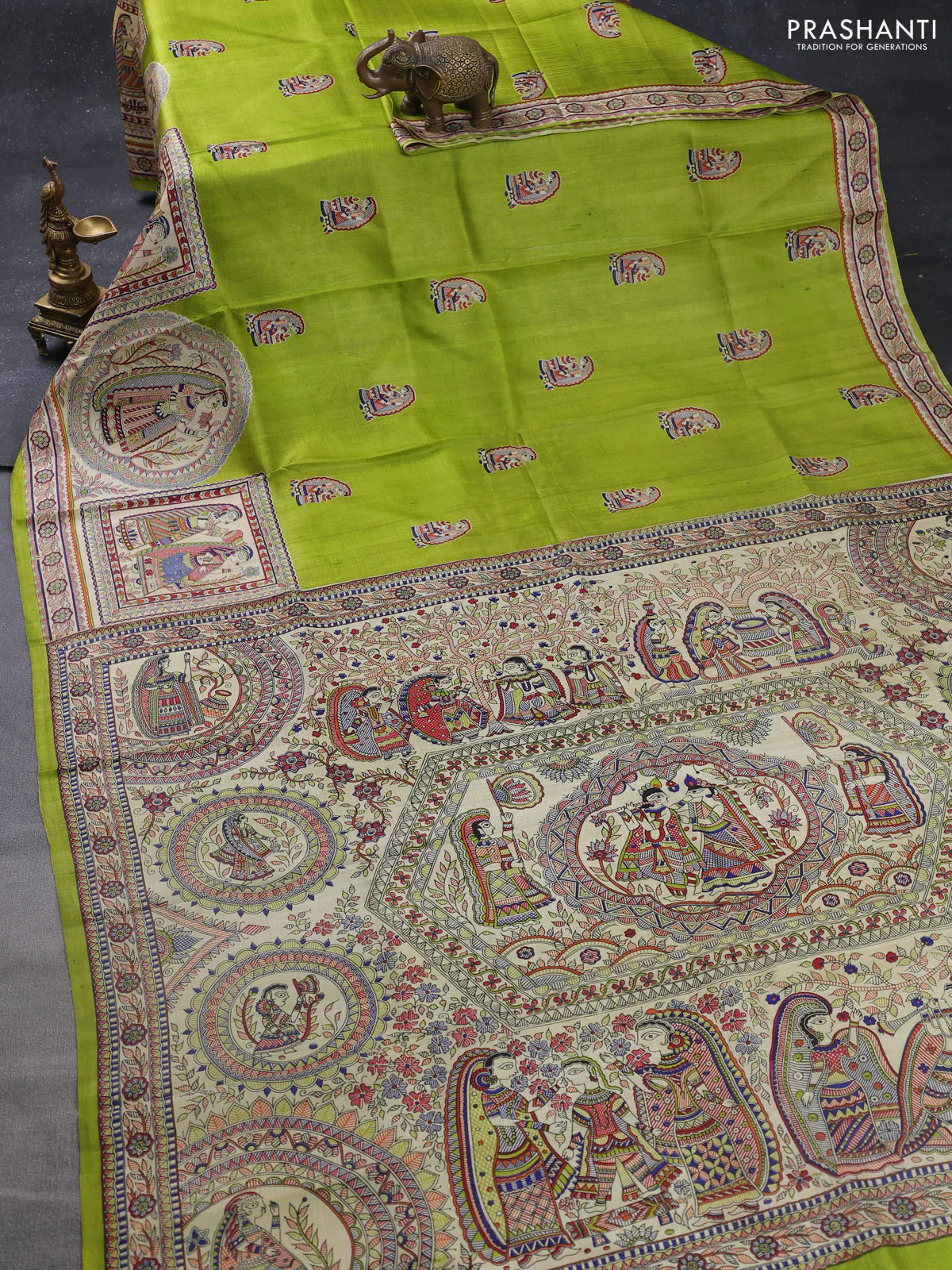 Madhubani printed silk saree light green and cream with butta prints and madhubani printed border - Image 2