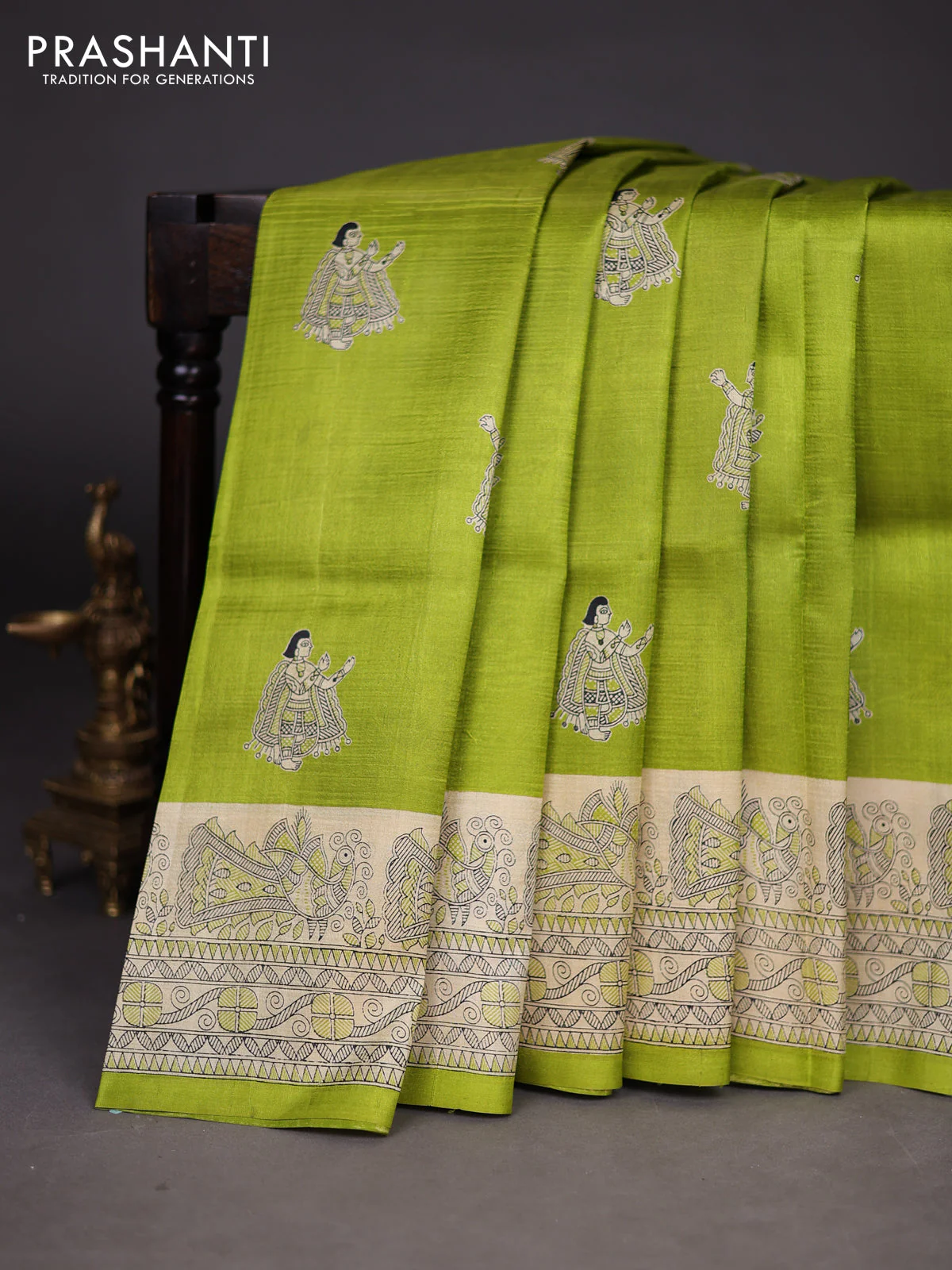 Madhubani printed silk saree light green and cream with butta prints and madhubani printed border