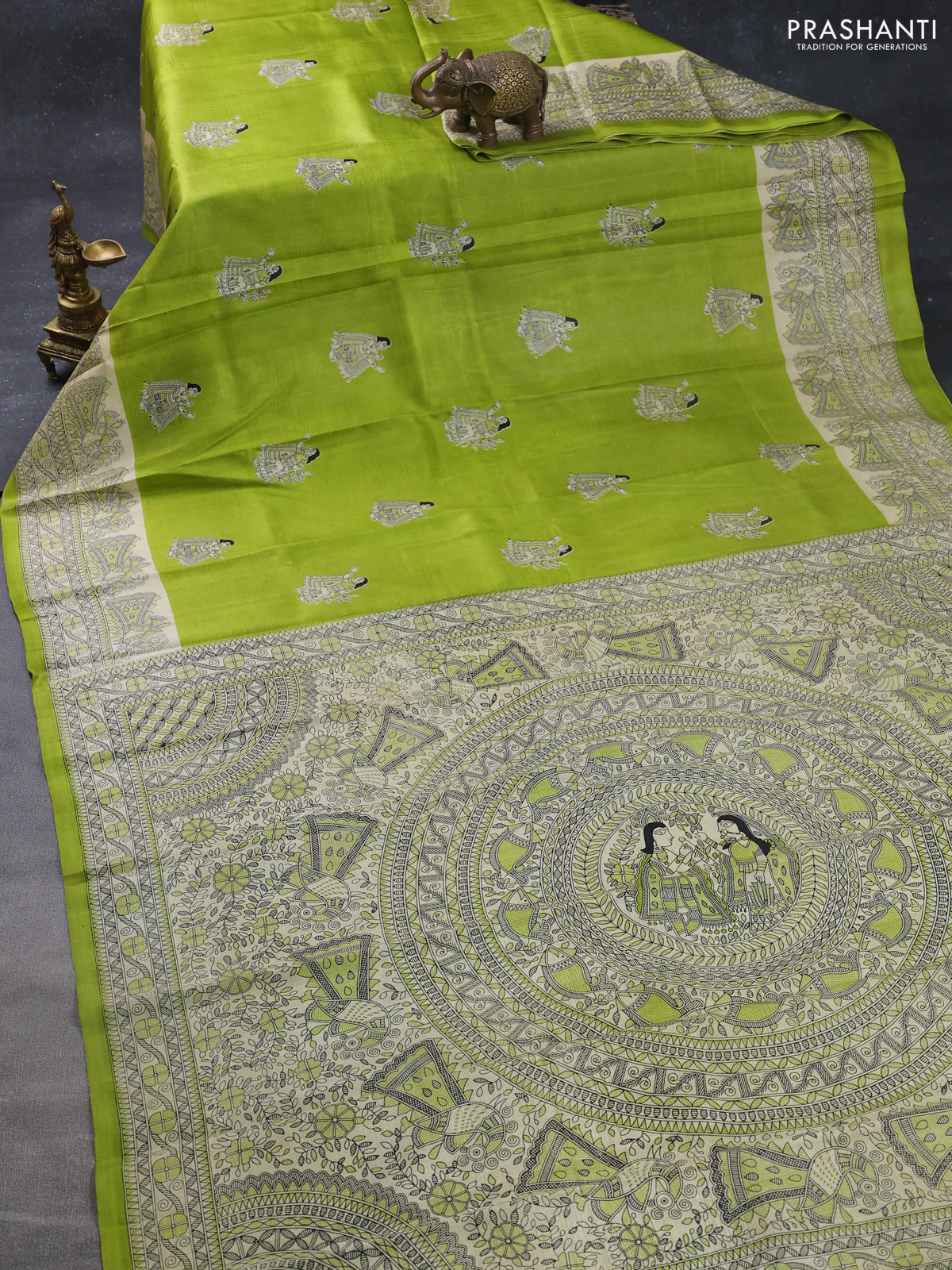 Madhubani printed silk saree light green and cream with butta prints and madhubani printed border - Image 2
